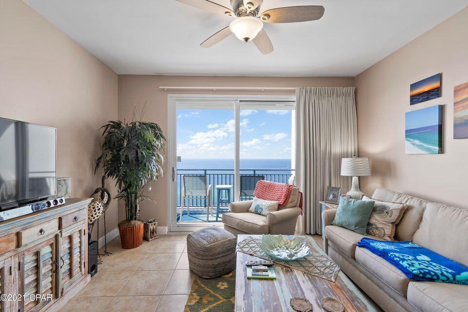 STERLING BREEZE is a Luxurious Resort only a 1/2 mile West of Pier Park. This excellent property conjures up images of sun-splashed days of
swimming, biking, and relaxing. It lives like a beach house but comes with all the benefits of owning a condo. This property conveys fully furnishings and rental
ready! Hard surface flooring throughout – 18inch ceramic tile in common areas and kitchen and upgraded plank tile in bedrooms! The extra full bathroom in this
very efficient floorplan (1447sq.ft.; 2Bed, 3Bath + Bunkroom ) lives and rents like a true 3Bed condo (super value!) and allows for fabulous Gulf and sunset views
from balcony, living room, dining room, kitchen, & master suite providing the ultimate alfresco living and entertaining environment!