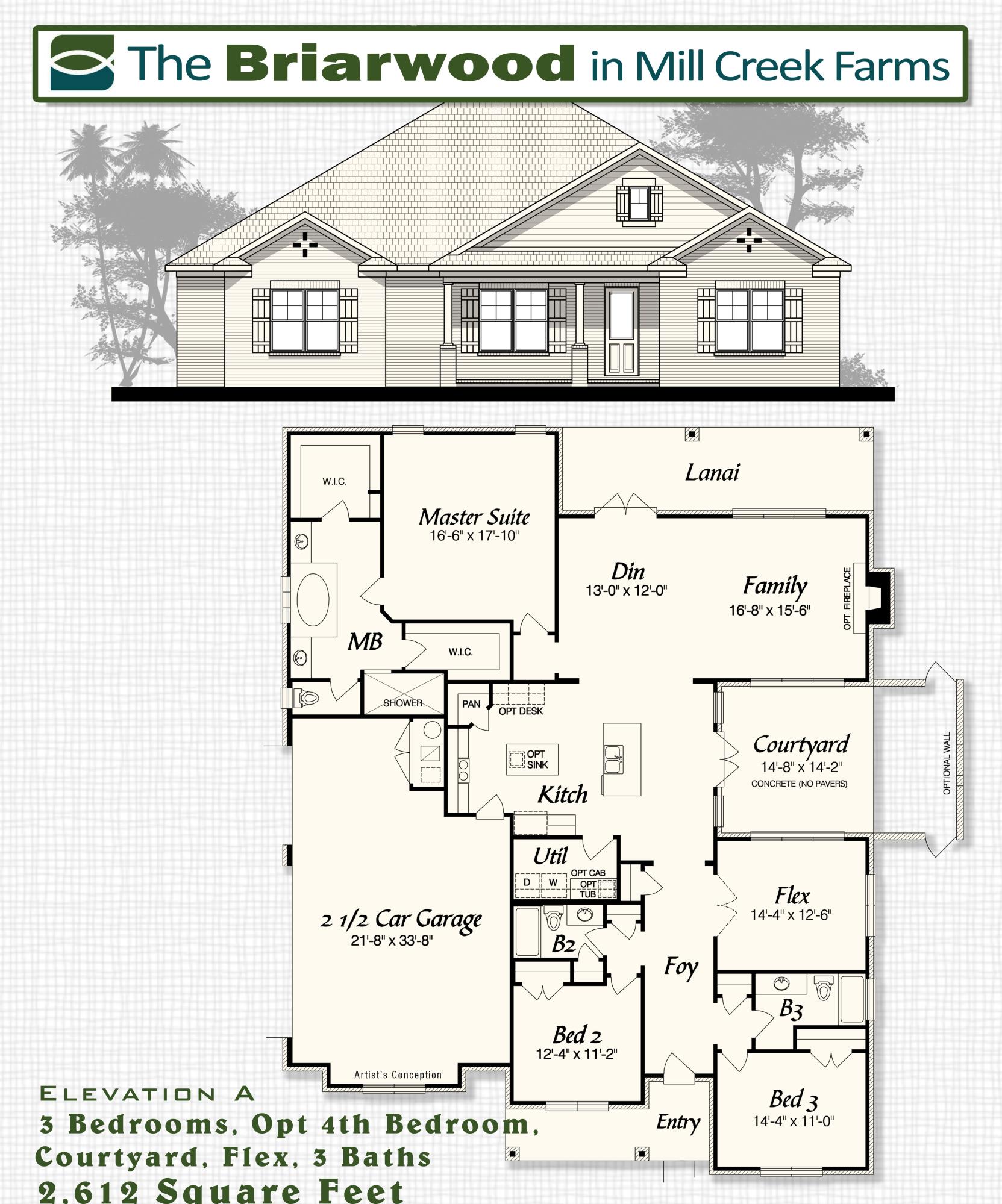 Located on a half acre of beautiful property the Briarwood provides a spacious open living area, 3 bedrooms, 3 bathrooms and a flex room that could be a bedroom, office or playroom. Enjoy the expansive porches located on three sides of the home. This home offers a 2.5 garage, providing extra workshop space. Enter through the grand foyer to the kitchen and open dining, living area. The master suite features large double walk-in closets, spacious tiled shower and tub deck. The interior finishes of this home include 8' doors, crown molding, cased windows hardwood laminate flooring and a chef's kitchen with two islands. Energy efficient Gulf Power EarthCents Certified home. Only 13 Miles to Duke Field and Special Forces Base. Built by Multiple Award Winning VA Approved Builder.