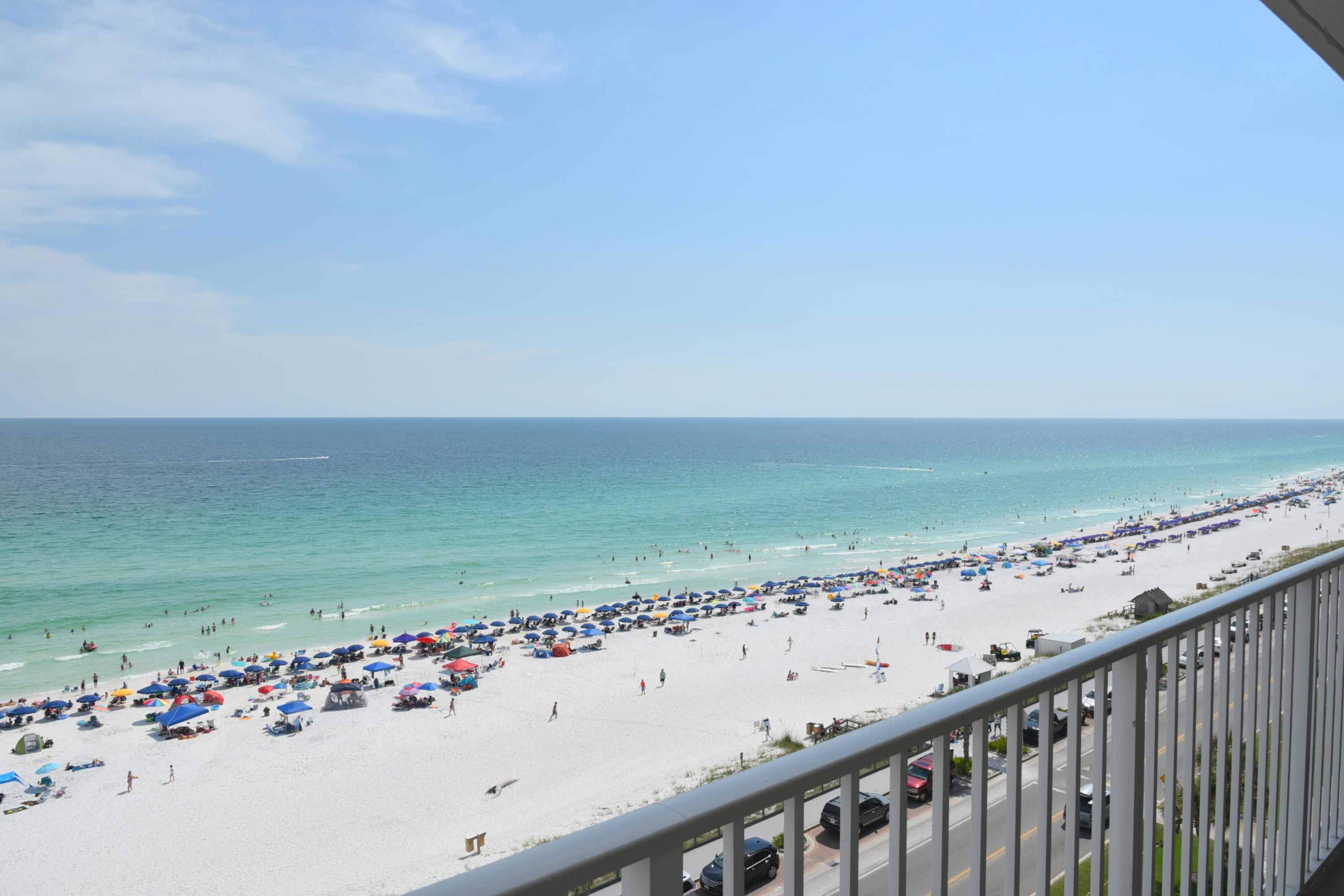 Enjoy stunning coastline views to the east and west from this homey 8th floor unit! Deluxe floorplans, high in this building are both rare and valuable. The beautiful Italian travertine floors run throughout the unit, which itself has received many recent upgrades and improvements (including AC & water heater). The unit has been professionally decorated with upholstered furnishings sold only to the trade. Living room has a sleeper sofa, master a king bed, and guest a queen bed. Custom floor to ceiling, lined draperies with matching valances cover all windows and patio doors. Hunter Douglas Silhouette sheers and shades are installed behind the beach facing draperies in both the living room and master bedroom for privacy, light control and insulation.