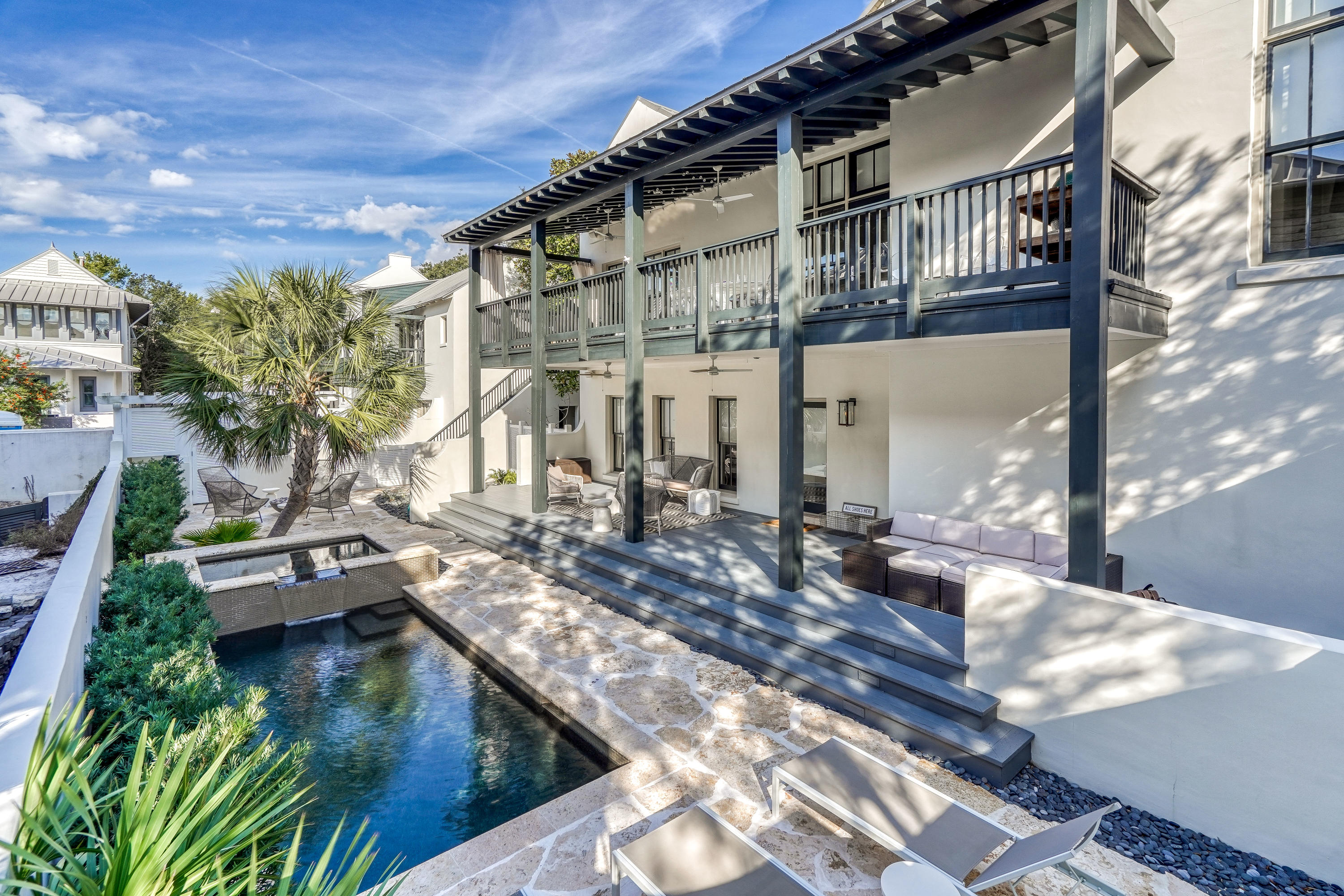 Taking back up offers!  CORNER OF 'UPTOWN' & FUN - GREAT RB LOCATION - CONTEMPORARY home has EXPANSIVE PRIVATE COURTYARD W/ HEATED POOL & HOT-TUB, OUTSIDE FIREPLACE & STAINLESS GRILLING STATION. A HUGE COVERED PORCH overlooks the courtyard & provides OUTDOOR DINING & LIVING SPACE. MASTER SUITE on 1st floor overlooks courtyard, Guest room has en-suite bath on 1st floor & laundry. LIVING/DINING/KITCHEN on 2nd has 14' CEILINGS & FIREPLACE, HEART PINE FLOORS throughout, SIE-MATIC CABINETS, MARBLE countertops, & THERMADOR range. LOFT BR makes 3rd BR in main house. 480 sf CARRIAGE HOUSE over 2-car GARAGE w/ EZ straight-in entry. Rented all Summer!
Steps to the QUIET END OF THE BEACH, Racquet Club, & Indoor pool . Renovated in 2016, this ''ALYS LOOK'' whitewashed home is LIKE NEW