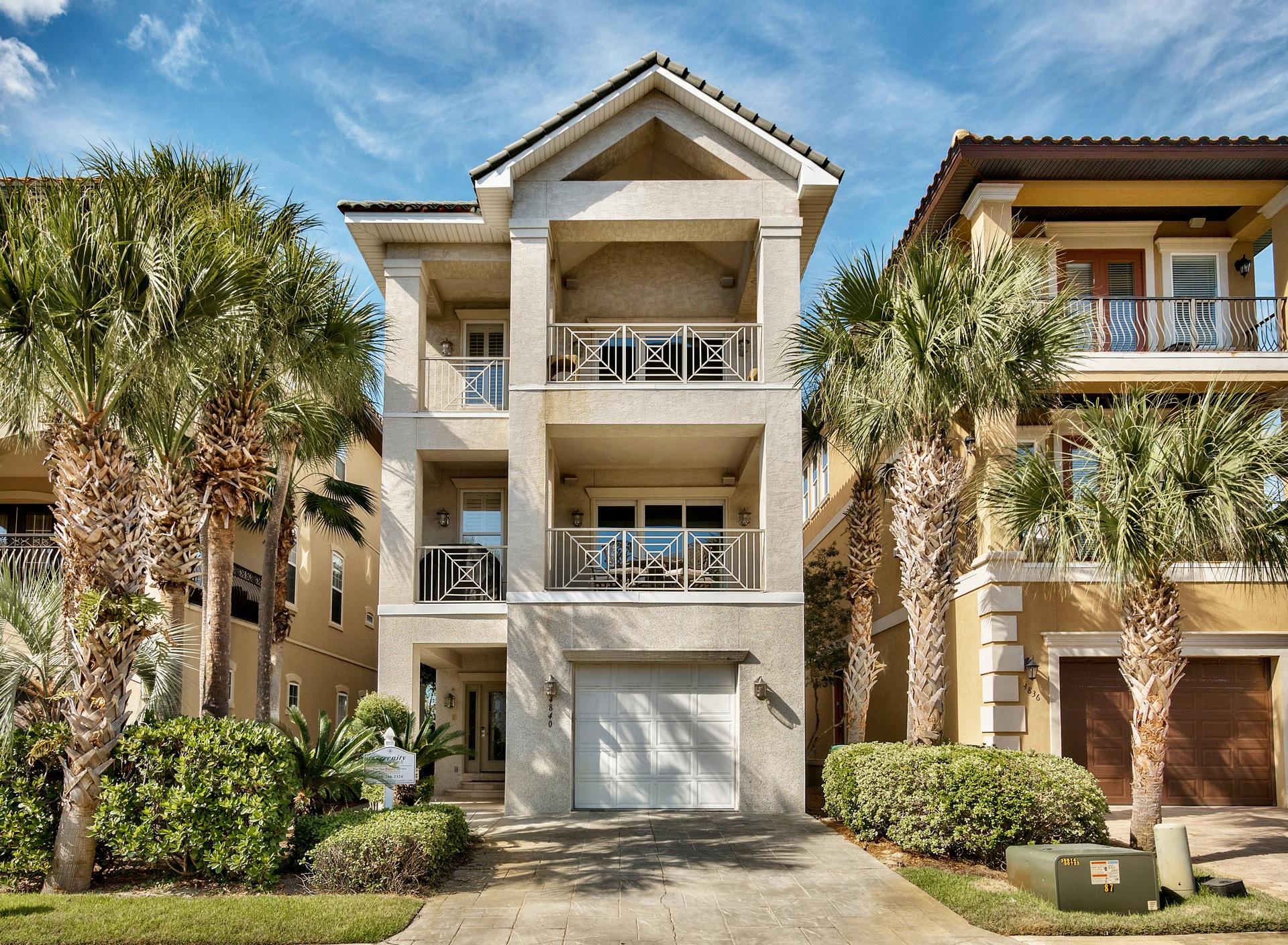 Behind the gates of Destiny by the Sea lies Serenity, a 3,027 sqft, 4-bedroom home with views of Lake Destiny and the Gulf of Mexico. Serenity is a short walk to the beach and steps away from the community pool. The open concept kitchen/living/dining area is open and light and leads to a private balcony. New, Jenn-Air & GE appliances complete the cook's kitchen. Tasteful, Saturnia custom tile accents the living area. The master bathroom is an oversized retreat with a whirlpool tub that overlooks Lake Destiny. The first floor features a bedroom with private bath, bunk room with private bath, kitchenette area and laundry room. The third floor is a large master retreat featuring a morning kitchen area, sitting area and private balcony. A large balcony, half bath and bedroom with private bath are located on the second floor. Destiny by the Sea is Destin's most prestigious gulf front community. Neighborhood amenities include a guard-gated entry, a luxurious neighborhood pool and heated in-ground spa, and some of the Emerald Coast's deepest private beaches. Please call for a private showing.