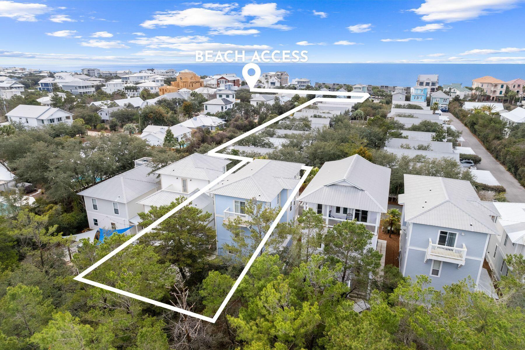 Backing up to Camp Creek Golf Course with a freshly painted exterior and just steps from private beach access and the community pool, this beach cottage is the perfect coastal getaway or rental investment property. Steps lead to both a front entry and side entry with porches on all levels along with a private back patio delivering enviable outdoor living space for relaxing and dining in the sun. The main entry opens to a spacious living area filled with natural light, new flooring and updated furniture. The living area seamlessly flows into the dining space and newly renovated kitchen boasting a center island, ample storage and stainless steel appliances. A renovated full bathroom, laundry room and large storage closet add additional conveniences to the first level. The second level features two oversized guest bedroom, each with ensuite bathrooms, along with hallway bunkbeds for flexible sleeping space. The third level offers two additional bedrooms, a guest room with an ensuite bathroom and the primary bedroom. The spacious primary suite features a sitting area, ensuite with dual vanities and a balcony with views of the gulf and neighboring rooftops. Cottages at Camp Creek is a charming neighborhood offering easy access to Scenic Highway 30A in close proximity to Alys Beach and Rosemary Beach with renowned restaurants, local shopping, seasonal events and weekly farmers markets. This community is centered around the large pool and hot tub surrounded with lush landscaping with your private beach access, and ability to set up your beach day right off the access, just a short walk down 30A.