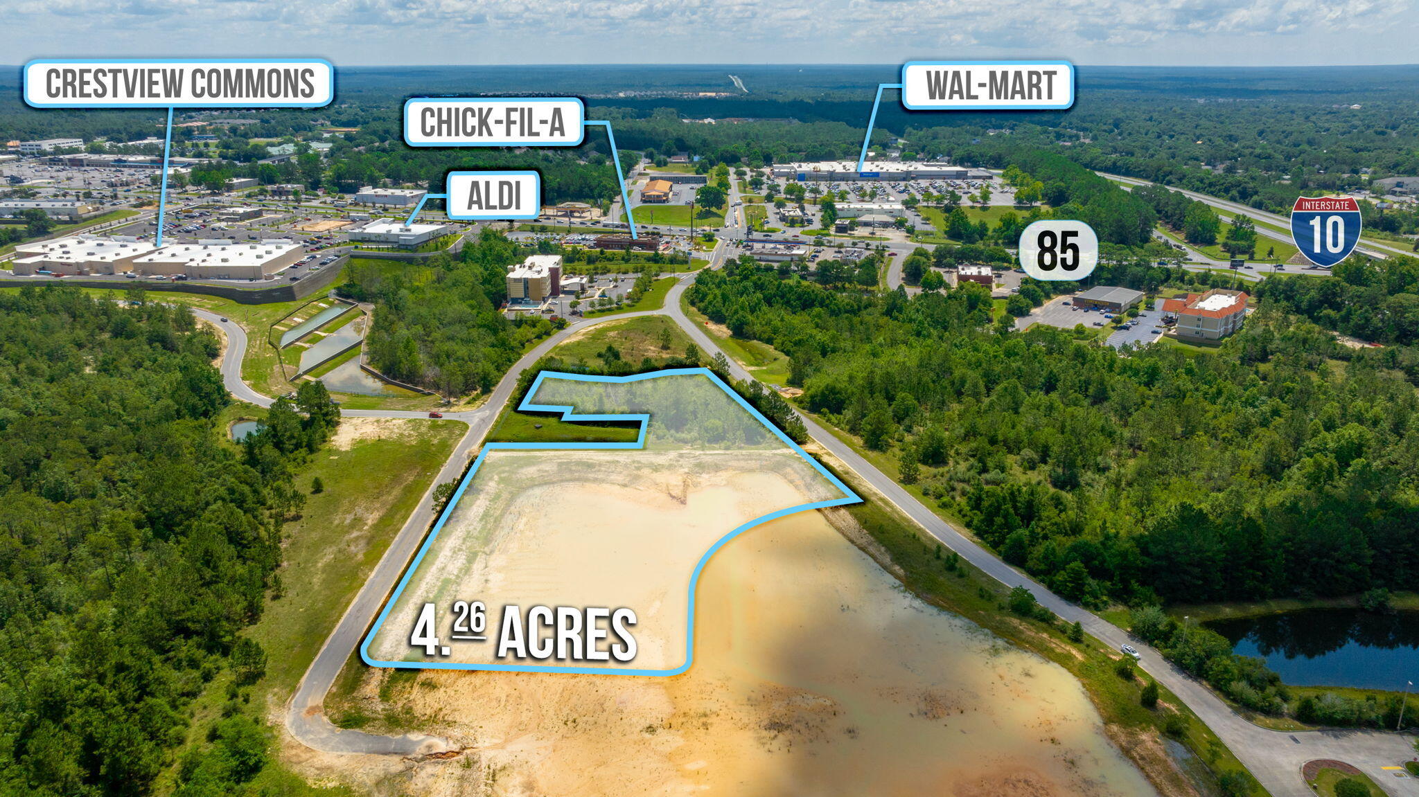 4.26 +/- acres of Prime Commercial Property with offsite stormwater and graded level by seller. This parcel is located in the heart of major development.. Crestview Commons, Lowe's, Walmart, Chik-fil-A, Aldi, and countless other retail and community serving businesses. With quick access to Highway 85 and Interstate 10, The new City Connector road to Antioch and the Interstate Ramp at I-10 and Old Bethel is under construction to come out just north of the site. Bring your business and building plans!   City zoned as Commercial low intensity (C2) Seller will have deeded use restrictions and build-out time requirements.