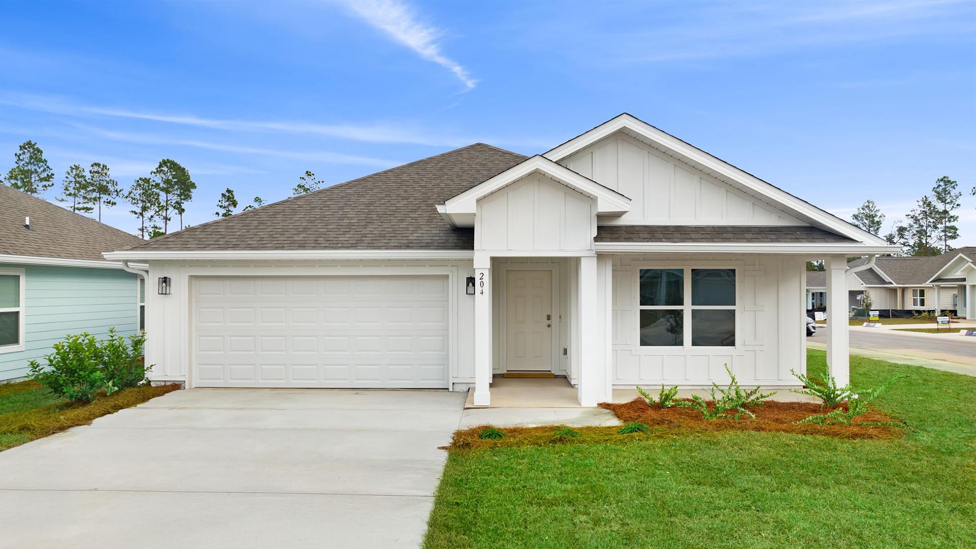 Welcome to 204 Eunola Lane, a new home at Ashton Park Phase III in Freeport, Florida. This home is ready for move in and is situated on a corner lot. Entering this home through a covered entry and porch perfect for an outdoor seating area for your afternoons or a morning coffee. Step into the light-filled foyer that effortlessly flows into the heart of this inviting 4-bedroom, 2-bathroom home. Off the entry hall, you will find two generously sized bedrooms, each with its own large closet, separated by a shared full bathroom. The third guest bedroom is located off a hall with laundry room offering a private retreat for guests or a functional home office or den. The heart of the home is the open-concept living space, where the kitchen, dining area, and living room merge seamlessly under 8-foot ceilings with EVP flooring in all common areas. The kitchen has a large center island with room for bar seating and spacious pantry. Kitchen features include granite countertops, a stainless-steel appliance package with stove, microwave and dishwasher as well as beautiful white cabinetry.

The primary bedroom located at the back of the home for privacy and has plush carpet. It features a spacious bathroom with an oversized walk-in closet, a dual sink vanity, open shower, and a large soaking tub as well as a separate water closet. Stepping outside through the glass door, the covered patio invites you to relax and enjoy the scenic surroundings. With its thoughtful design and high-quality finishes, the Cali floorplan delivers comfort and style for modern living.