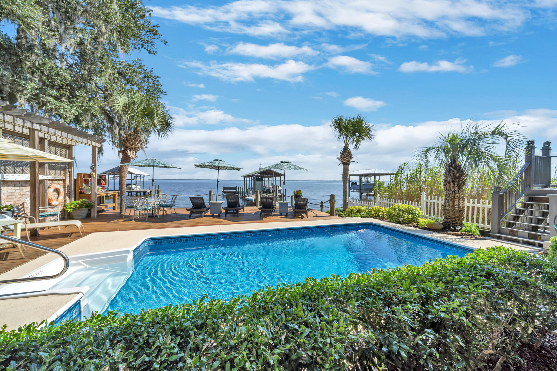 Beautiful bay front home located in Santa Rosa Beach is a rare find with 75 ft of bay frontage! This 4 bedroom, 3 bath home with efficiency suite has been very well maintained and is sure to impress. The open kitchen and living area features beautiful bay views and a screened-in porch. The property was built with outdoor living in mind. Enjoy relaxing by the pool or by the newly constructed dock and boat house. The dock is fully equipped with running water, electricity, boat lift, jet ski lift, fish cleaning station and large decks for sunbathing and fishing. There is also a workshop on the property that adds additional storage. Other property amenities include a covered outdoor shower and 2 car garage. Please see the fact sheet under the document section for more info.