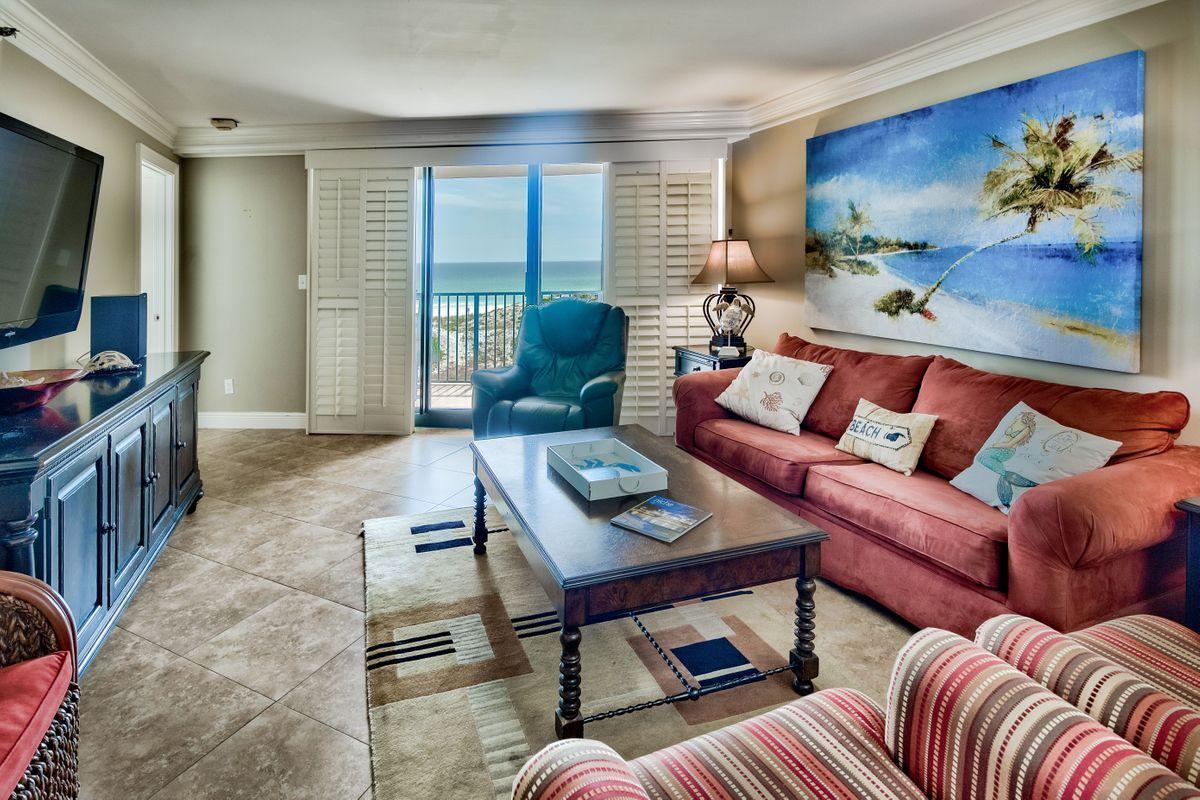 Not too high, not too low-- the height is just right and the view of the Gulf is mesmerizing from this fourth floor location gulf front two bedroom two bath condominium. Easy living at the beach with tile throughout, including the bedrooms. The kitchen is upgraded with granite counter tops, stone and glass tile back splash and stainless steel appliances. The open living and dining room provide great space for you and your family to enjoy time together. Sleep in the king sized master bed and wake up to the emerald green waters. The master bath features granite counter tops and a seamless glass shower door and tile accents. The guest bedroom has two twin beds and it's own bath.
Beachside One has a fitness center off of the lobby and a large community pool with a hot tub. Enjoy resort living at its best with all that Sandestin Golf & Beach Resort has to offer- beach, tennis, golf, marina, basketball courts, putt putt course. The Village of Baytowne Wharf is located on the resort with retail, restaurants, nightlife and activities all year long.