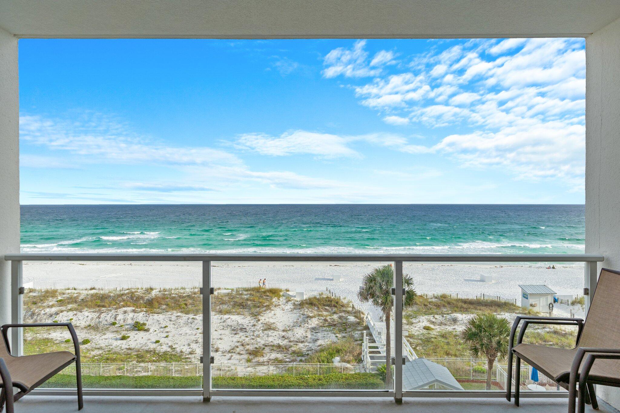 High Income Unit Over $86k!  Welcome to Sterling Sands Unit 403, a beautifully maintained Gulf-front condo offering breathtaking, unobstructed views of the emerald green waters and sugar-white sands of Destin. This fully furnished 2-bedroom, 2-bathroom unit features an open-concept living space that flows seamlessly onto a private balcony with glass railing — the perfect spot to enjoy coastal breezes and panoramic Gulf views. The kitchen is equipped with sleek quartz countertops, stainless steel appliances, ample white cabinetry, and a convenient breakfast bar, ideal for both daily living and entertaining. The master suite offers a quiet retreat with an ensuite bathroom featuring a shower/tub combo. The guest bedroom includes a trundle bed, providing additional sleeping space for family and visitors with a pocket door to the full guest bathroom. For added convenience, the unit includes a separate laundry closet with a stackable washer and dryer, as well as a dedicated owner's closet for secure personal storage. The HVAC system was recently updated with a 2023 exterior unit and a 2025 interior air handler, offering energy efficiency and peace of mind. Sterling Sands is a low-density beachfront resort in the heart of Destin, offering a beachside pool and hot tub, fitness center overlooking the beach, grilling area, and private deeded beach at your building. The building has successfully passed its milestone inspection with no repairs needed, providing added security for future owners. Whether you're seeking a primary residence, vacation getaway, or investment property, this condo offers an unbeatable combination of comfort, convenience, and coastal charm.