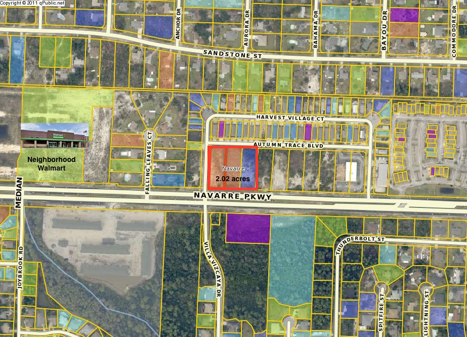 Vacant corner lot (2.02 acres) right on Hwy 98 - the major thoroughfare in Northwest FL between Pensacola and Panama City. The lot is located within 800 ft from the new Neighborhood Walmart in a fast growing area of Navarre. The property has already been cleared and filled to the required building height above the highway. The seller has vacated the county drainage easements which crossed the middle of the lot in favor of one easement that
borders the north, west, and south sides of the property.