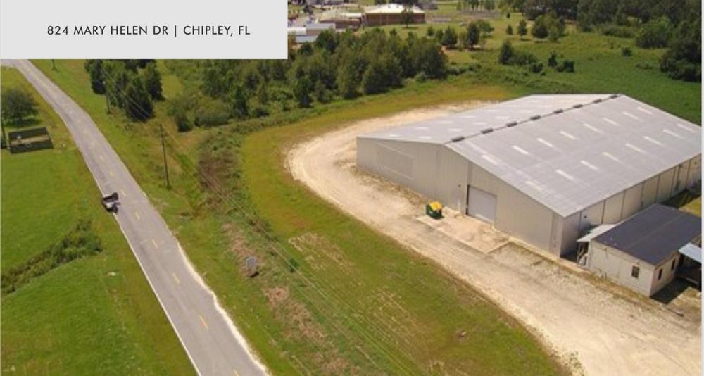 Available for lease- 34,000sf distribution warehouse in Chipley, FL just 3 miles from Interstate 10. This single tenant property is comprised of 2,000sf of office/ showroom and 32,000sf of warehouse with 25ft ceiling height and 20ft eave height. Additional features include three 16ft over head doors, fully sprinkled warehouse, ample yard space and low NNN fees.  Additional 32,000sf warehouse Built To Suit warehouse available.