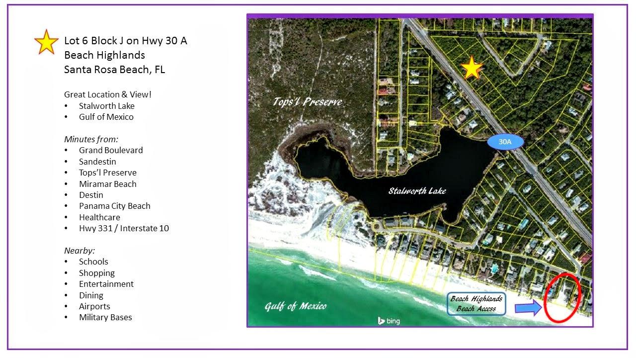 WALK or Golf Cart TO THE BEACH! NO HOA FEES! Gorgeous 70' x 125' Lot on 30A with Stalworth Lake & The Gulf of Mexico across the street. 2nd & 3rd floor views possible! Build your place in paradise. Whether your own private retreat or income property, this is a great location! Moments from Grand Boulevard, Sandestin, Miramar Beach, Tops'l, Dune Allen & Gulf Place this lot has easy access to Hwy 98 in Santa Rosa Beach. Listen to the surf of the Gulf & Stalworth Dune Lake wildlife. Whether you are a walker, cycler, beach goer or simply enjoy a great meal and entertainment, Florida's iconic 30A is the place for you! Build your Beach Highlands Beauty on this gorgeous lot.