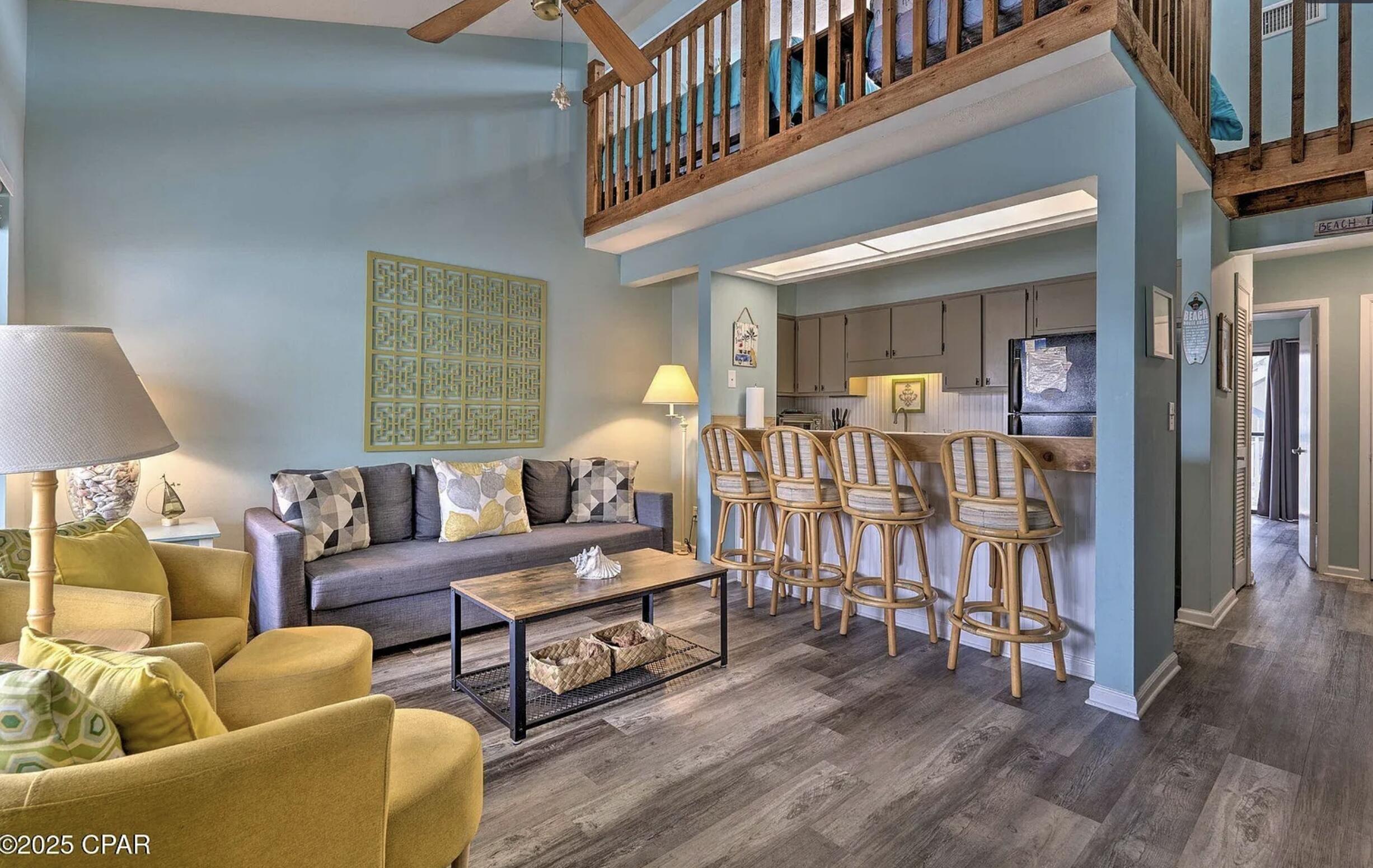 Nestled on the desirable East end of PCB, this charming 1-bedroom + loft condo offers the ultimate coastal retreat, just steps from the sugar white sand and beach access 15. whether you're sipping your morning, coffee on the balcony spending the day by the community pool or grilling out after a long beach day this condo is all about effortless beach side living. With space to sleep up to six, this property is already a successful short term rental, making it an ideal investment or personal getaway. imagine summer nights watching fireworks light up the sky, long weekend filled with sun and surf and the freedom of owning your own slice of paradise all at a price point that makes it easy to start your investment journey.