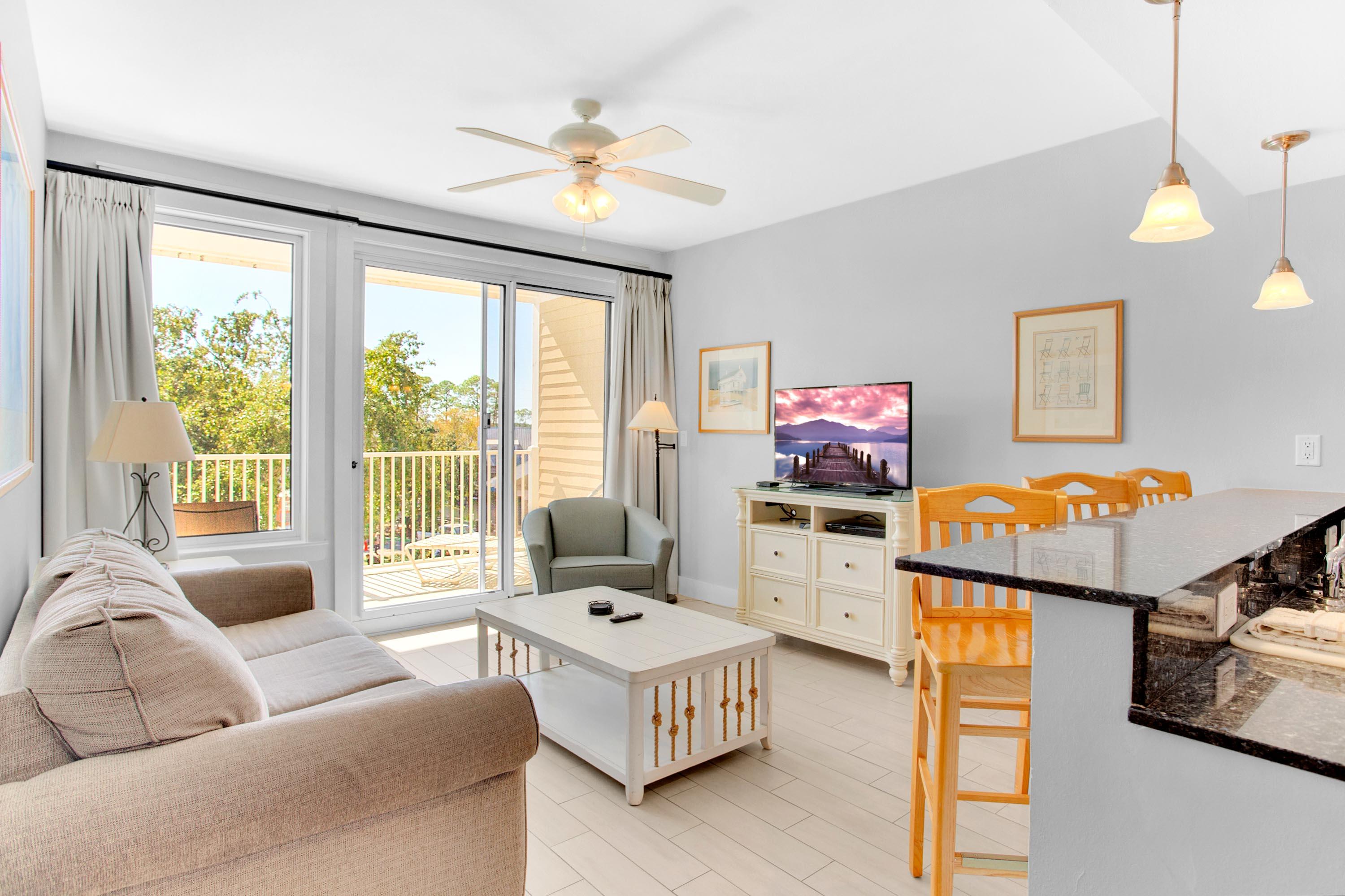 This lovely, large 1 bedroom is in a fantastic location within Observation Point, allowing access to the pool and amenity terrace without the need of an elevator. Furnished in a light and airy coastal chic interior design, and boasting a separate bunkroom for extra guests, the highlight of this residence is the fabulous views of The Village of Baytowne Wharf's event plaza and bustling Village life as seen from the living areas, bedroom, and private balcony. Enjoy the excitement, events, shopping, dining, family entertainment and nightlife of the Village that welcome you from this comfortable, resort condominium! Owners have access to the amenity terrace which boasts a resort style pool, hot tub, fitness center, and a beautiful lawn with a grilling area. Owners and their guest also enjoy exclusive access to the Founders Club, a gathering place with kitchen, couches, big screen tv, pool table and balcony overlooking the events plaza.

As an introduction to the Sandestin lifestyle, we invite our new owners to explore amenities that make Sandestin special. The listing brokerage and seller(s) are presenting the buyer(s) of this property with (2) 90-minute rounds of Tennis court time, a golf foursome at one of our three championship courses, As an introduction to the Sandestin lifestyle, we invite our new owners to explore amenities that make Sandestin special. The listing brokerage and seller(s) are presenting the buyer(s) of this property with (2) 90-minute rounds of Tennis court time, a golf foursome at one of our three championship courses, and a round of golf for up to four (4) players at the unrivaled Burnt Pine Golf Club.
Sandestin Golf and Beach Resort is a major destination for all seasons and all ages, and has been named the #1 resort on Florida's Emerald Coast. This magical resort spanning over 2,000 acres is comprised of over 70 unique neighborhoods of condominiums, villas, town homes, and estates. The resort features miles of sandy white beaches and pristine bay front, four championship golf courses, a world-class tennis center with 15 courts, 4 resort swimming pools (and 15 private neighborhood pools), a 123-slip marina, a fully equipped and professionally staffed fitness center and spa, meeting spaces and The Village of Baytowne Wharf, a charming pedestrian village with events, shopping, dining, family entertainment and nightlife. For true golf cart community living, Grand Boulevard is just outside the resort gates and provides access to additional shopping, dining and entertainment - all without traveling on Hwy. 98. Come to Play, Stay for Life!