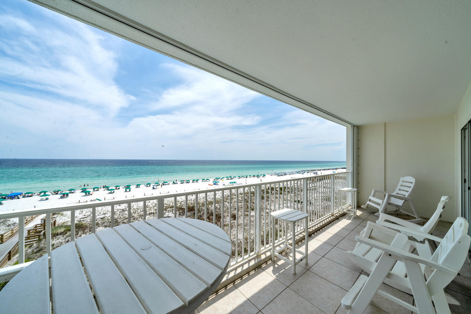 BACK ON MARKET NO FAULT OF SELLER! Incredible opportunity to own a fantastic Gulf of Mexico and beach front condo in Fort Walton Beach on Okaloosa Island!  Located in the Gulf Dunes complex, home to the ultimate luxury coastal lifestyle - you'll find this fabulous 2 bedroom + bonus room (bunkbeds) + large utility room condominium! Gorgeous panoramic view of the beachfront and Gulf of Mexico from this elevated 4th floor condo (effectively the 5th floor of the building) with directly accessible beach and new beach walkways! Spacious and well equipped, this condo offers a desirable floor plan which boasts a gulf front master suite and gulf front family room, both with balcony access! As a bonus, hurricane shutters are on the balcony.  Located in the East building where the beach walkway is easily accessible. It has been updated with granite countertops throughout, smoothed ceilings, updated cabinets/doors/handles, new sinks, faucets, commodes, new other hardware, updated tiled MBTH.  Polywood balcony furniture offering beach views at eye level.  Newer LED Smart TVs.  Complex has been newly painted and sealed (2021).  Great investment opportunity as total 2022 booked rentals are currently at $53,559!  Rental management company with office manager in the same building.  Gulf Dunes Resort boasts 425' of Gulf front, 2 swimming pools (1 seasonally heated), tennis courts, bbq area and exercise room. Okaloosa Island is known for its great entertainment, beautiful beaches, summer fireworks, and restaurants including the popular "Stewbys" and ''AJ's Oyster Shanty.''