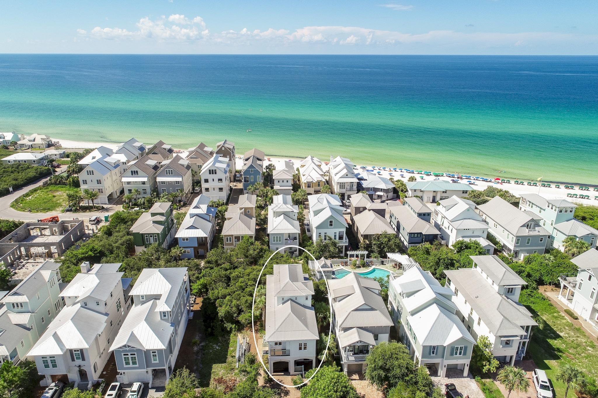 Ideally located South of 30A in Inlet Beach, this charming beach home offers both prime location and beautiful custom finishes. 371 Walton Rose Lane is just 75 yards from the gorgeous Gulf of Mexico beaches, and only steps away from the neighborhood pool. Enjoy the world class dining, shopping, and entertainment of Rosemary Beach and the shops of 30Avenue, just a walk or bike ride away! The home also offers private Barbery Coast deeded beach access, and features Gulf views from the 2nd and 3rd floor decks.
Just outside your back door and to the right, you'll find the Barbery Coast pool. It's like having a private pool without the maintenance!