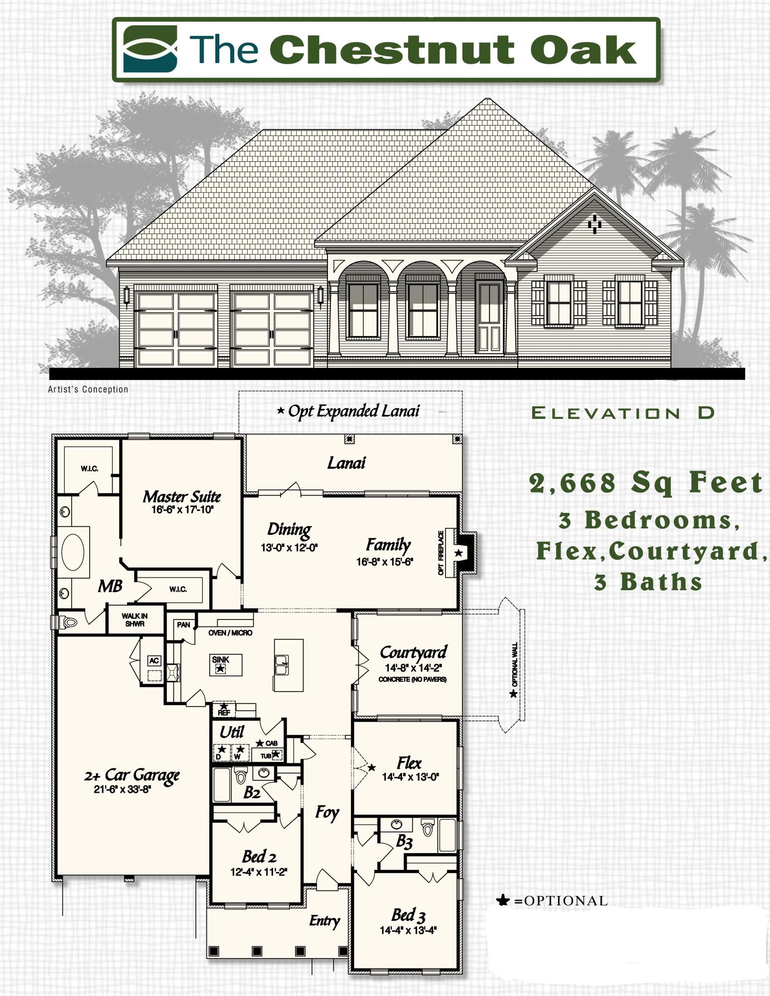 Chestnut Oak plan has 2,668 square feet, 3 bedroom, flex room with french doors and 3 baths. Brick exterior, covered, screened rear porch with ceiling fan and a 2 car garage. Interior finishings include, 9' ceilings, granite counter tops, laminate throughout, crown molding, cased windows and openings. Upgrades include floor plug in living room, tile wall in bath 2 and 3, fireplace, fence, french doors to pantry, oil rubbed bronze fixtures and sink in laundry room with upper and lower cabinets. Natural gas range and Rannai tank water heater. Stainless Frigidaire appliances, WoodHarbor cabinets. Hammock Bay is a 3,200 acre master planned development which offers a clubhouse, movie theater, pools, workout facility, nature trails and a pet par