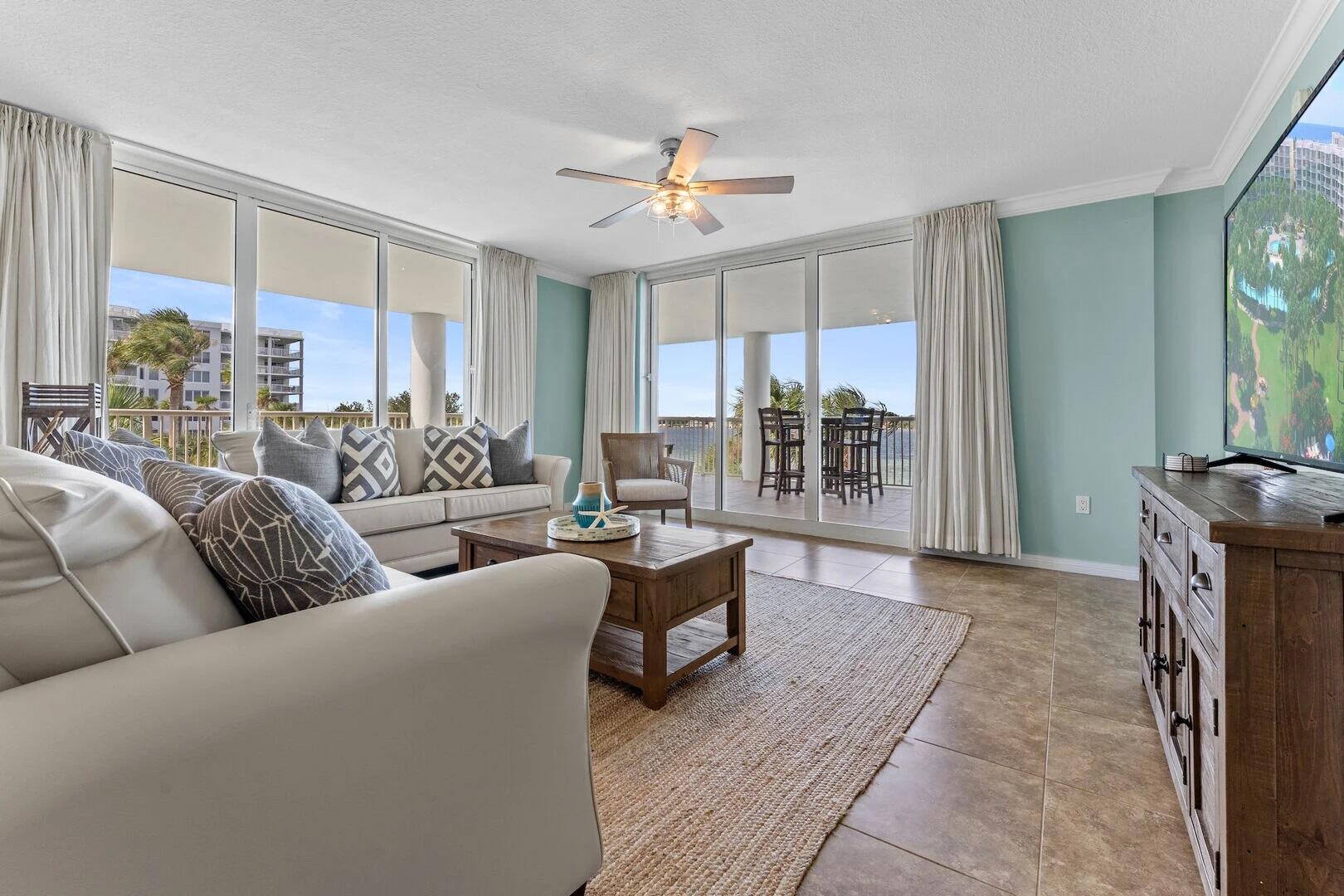 This waterfront condo offers incredible bay views from every angle. The corner suite features 3 bedrooms and 3.5 bathrooms, with a spacious balcony wrapping around two sides—perfect for gatherings. The kitchen is equipped with granite countertops, stainless steel appliances, wood cabinetry, a pantry, and a breakfast bar that opens up to the living, breakfast, and dining areas. Wake up to stunning vistas from the master bedroom, which also boasts a luxury bathroom and walk-in closet. The condo earns impressive rental income—almost 95,000 gross in 2024, and 83,000 in 2025-comes fully furnished. Amenities at Destin West Bayside includes a 700-foot lazy river, a zero-entry pool, two hot tubs, a heated waterfall pool for cooler months, a marina and Osprey has a private pool.