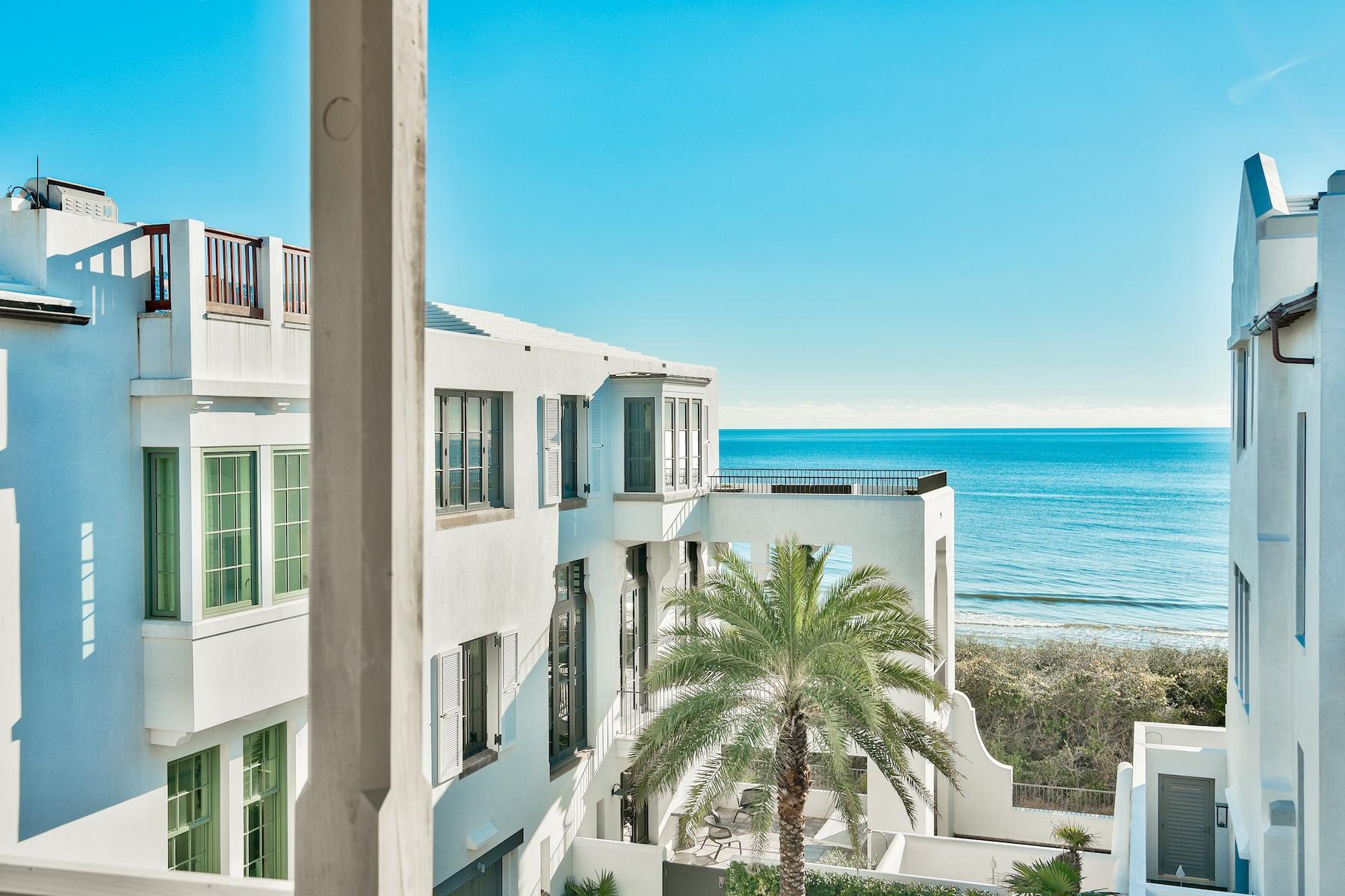 This second tier Khoury Vogt custom design offers direct gulf views from its highly coveted lot location in Alys Beach. Perfectly positioned to capture mesmerizing gulf views from numerous balconies and rooms, 43 Sea Venture Alley is a sophisticated display of finishes and furnishings. Entering upon the first floor and you'll be greeted by a splendid mosaic tile pattern surrounded by white peacock pavers and clever art niche. First floor features include an attached two car garage, bedroom, bunk area, and luxurious full bath. 
Ascend to the second floor where natural light and gulf views abound. Stunning washed wood ceilings amplify luxurious furnishings. The open kitchen, living and dining areas offer several options for relaxing or entertaining. A masterful kitchen allows the gourmet to be inspired by gulf views while preparing their favorite meal.  
The third floor master bedroom showcases stunning gulf views from the private balcony, as well as bath. A second en-suite bedroom opens onto a balcony, once again with protected corridor gulf views. 
A splendid gated courtyard with pool and shower are just a few steps to the Alys Beach Gulf Green and soon to be Gulf Pool. Included is an upgraded Control 4 sound & security system.  
43 Sea Venture Alley represents a remarkable chance to own a meticulously maintained Alys Beach property, allowing you to avoid the time and energy required to build!