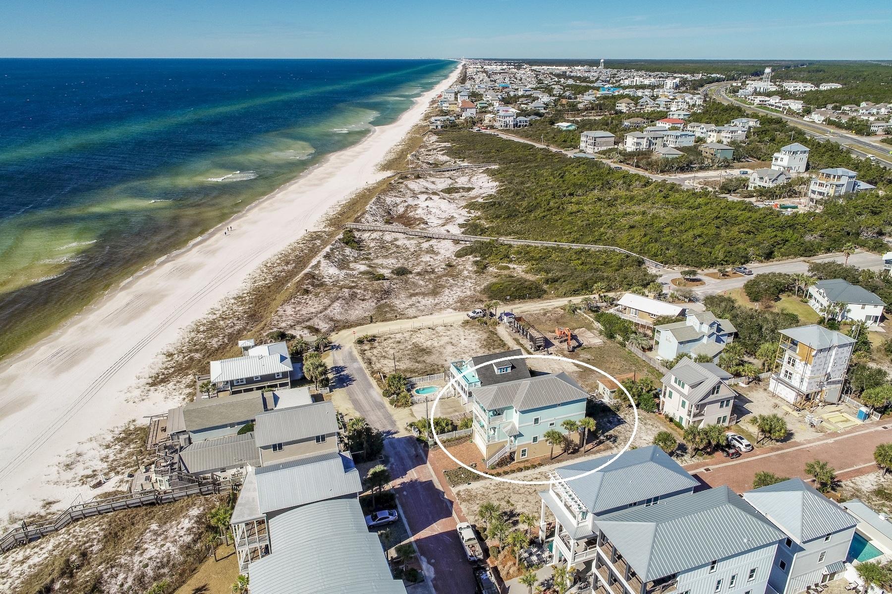 Unobstructed Westerly gulf views, gated beach access access directly across the street to the sugar-white sand at Inlet Beach. Set in a quiet area, this three-story home with elevator is just a stone's throw from Scenic 30A and all that Rosemary Beach has to offer. It is highly energy-efficient due to its insulated concrete foam block (ICF) construction and hurricane impact windows. The second floor living area is particularly open, light and spacious. Multiple-aspect windows provide pleasant gulf, beach and dune views and the balconies are perfect for enjoying sea breezes and stunning sunsets. Marble tile flooring in an irregular pattern provides an added dimension to the open-plan kitchen, dining and living areas. Elsewhere, easy-to-maintain wood and tile floors, marble vanities an built-in closets make good use of space throughout the home.  Four spacious bedrooms along with three full and one half baths provide comfortable space and panoramic views for guests, particularly if you plan to generate rental income when not in residence. This is a home for enjoying a healthy, active lifestyle in the sun. At ground level, there's ample space for paddle boards, bicycles, beach chairs and water sports gear in the extensive two-car garage. Buyers will quickly appreciate local restaurants and shops within easy walking or bicycling distance, and warm gulf waters just across the street.