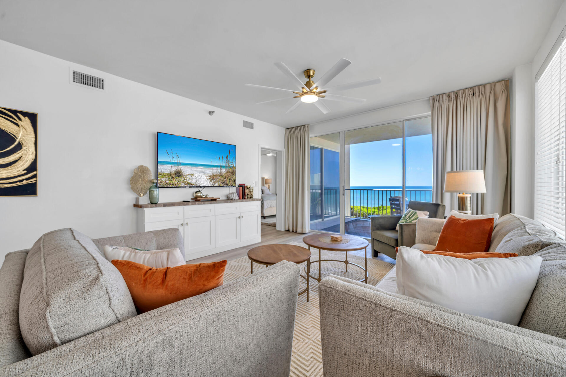 Deluxe, second floor, 3 bedroom and 3 full bath condo, situated perfectly on the west end of the prestigious 20-unit Tranquillity On The Beach! Greater than 1,600 square feet of seaside extravagance with breathtaking gulf views and toes-in-the-sand locality on the renowned beaches of 30A. Unit 250 was just renovated from top to bottom, with some main highlights being luxury vinyl plank flooring, gorgeous quartz countertops, shaker cabinetry, ultra-modern appliances, and new flat-screen TVs, lighting and fixtures throughout. This beautifully laid out condo is one of a kind, with a gulf-front master suite with balcony access through large sliding glass doors, a luxurious bathroom with a white soaking tub inside an oversized glass shower, double vanities, and a walk in closet. This master also includes a sleek dry bar with wine refrigerator, for added convenience. As a corner unit, the beautifully appointed living room features additional windows, and opens to a large covered balcony overlooking the gulf and gorgeous grounds, complete with gentle breezes and sunset views for relaxation and easy entertainment. The 2nd master suite is located in the north end for added privacy, complete with reading nook. The 3rd bedroom is equipped with a unique triple bunk (1 full over 2 twins) and its own separate bathroom. Don't miss this turn-key, fully furnished opportunity. You can move right in, use it as a getaway retreat home, or rent it out. It is a gated gulf-front property, with a community pool (heated seasonally), and includes a dedicated parking spot with guest parking across the street, and an external dedicated storage room just down the hall. The building received a new roof in 2023.  Perfectly nestled between Watersound, Alys, and Rosemary Beach, with Seaside just down the road, you're surrounded by an array of restaurants, recreation, and shopping. Come and go easily with access to 98 via nearby Watersound Parkway.