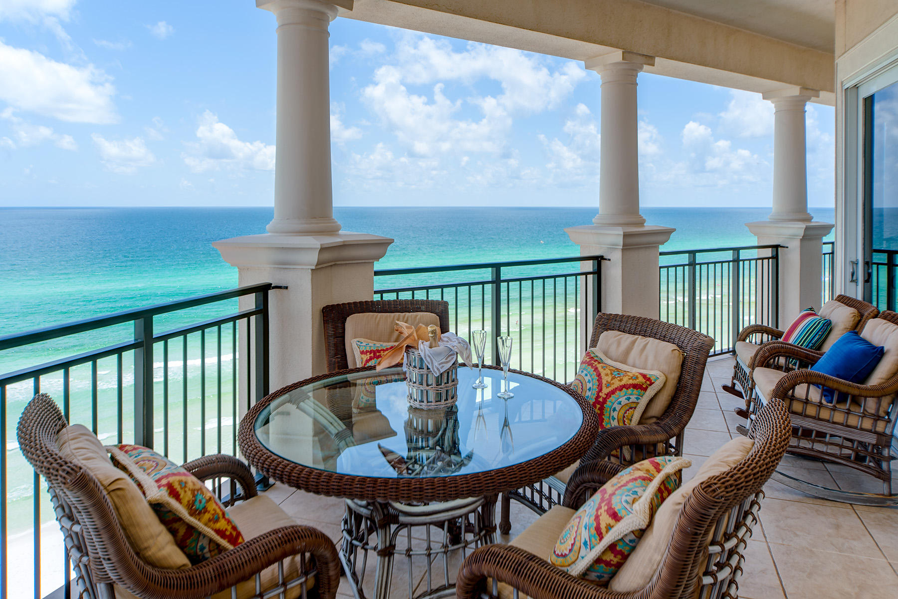 Coastal beauty on the beach awaits you! Rarely does a Bella Vita Gulf front four bedroom penthouse become available. Beautiful A401 rises above the rest offering stunning gulf, beach and coastline vistas for miles, and the veranda is as wide as many 30A gulf front lots. The interior creates a calming atmosphere beckoning you to relax and embrace the 365 feet of beach. This furnished, never rented, luxurious four bedroom, four and one half bath condominium home lives like a beach house and offers two gulf front master bedrooms with designer baths. Each guest bedroom enjoys gulf views, private bath and a walk-in closet. The graciously sized living room features a gas fireplace, surround sound, and a wet bar with icemaker and beverage cooler. Light permeates the living room as a series of four windows offer piazza and striking coastline views.  The Linn's Prestige custom gourmet kitchen features top of the line appliances with 48 inch slide-in Thermador range, Dacor microwave, and Sub Zero Refrigeration.  The Living Room and two Master Bedrooms let on to the impressive 443 square foot veranda with colonnade capturing gulf breezes and the soothing sounds of waves. The open floor plan marries the kitchen, dining and living room while providing distinct, comfortable spaces for entertaining coastal style. The home includes a sophisticated water softener and filtration system (Reverse Osmosis).  Gated Bella Vita, consists of 48 residences comprising three buildings nestled around the piazza on the Gulf of Mexico, boasts six acres, is situated upon the highest point on the Continental U.S. Gulf Rim, features two gulf front swimming pools, lush landscaped gardens, vignettes, a porte cochere entry to the Great Hall with conversational seating areas, patio, kitchen library and reading room, a well-equipped Fitness Center, ample garage parking and storage.  We invite you to make plans to view A401 and Live the Beautiful Life on 30A.