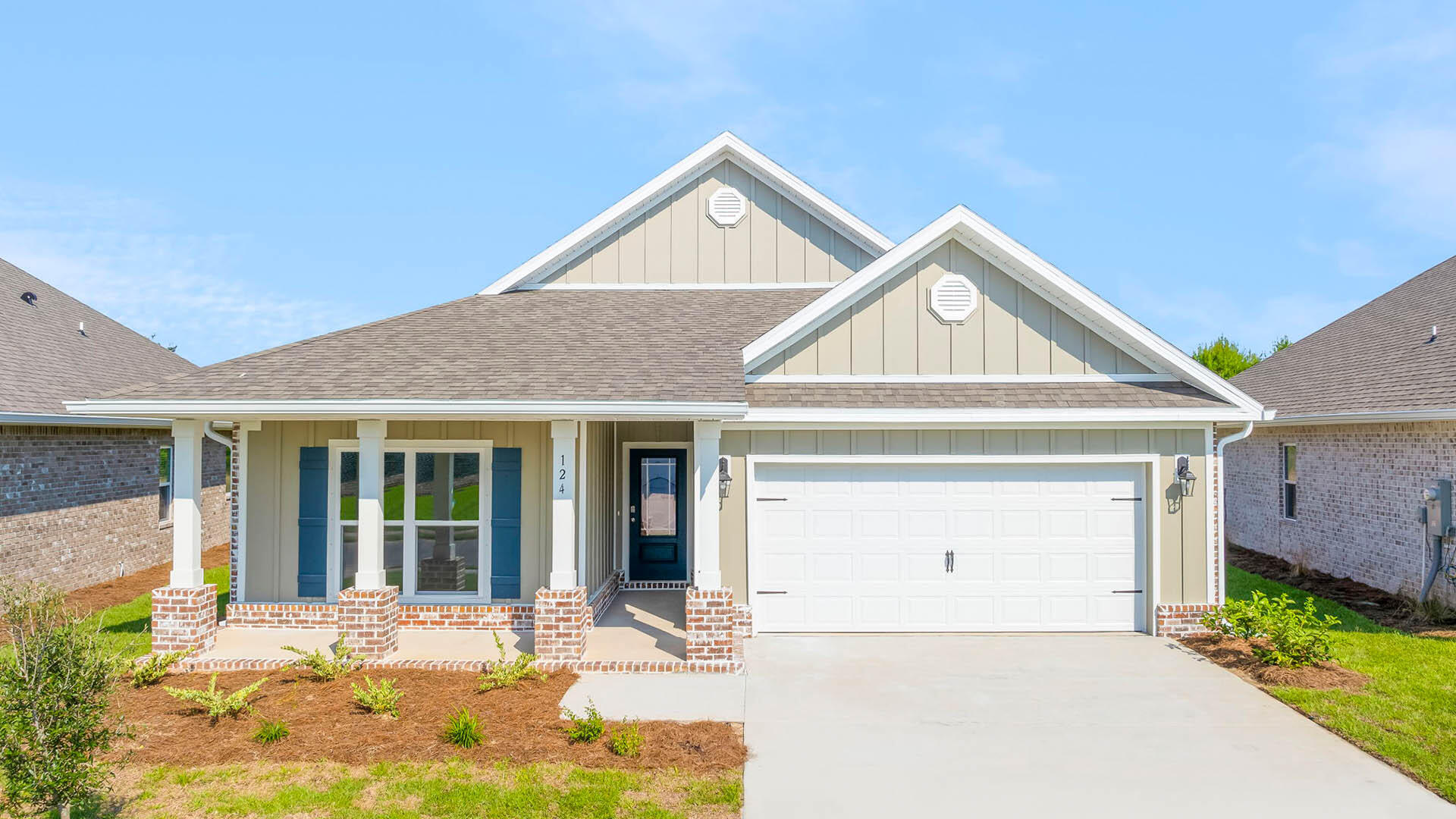 Welcome to124 W Gray Owl Drive, a new home at Owl's Head Farms in Freeport, Florida. This home is ready for move in and features a covered front porch. Inside you will find a foyer and hall leading to a light-filled open-concept living area with 9' ceilings. 

The kitchen impresses with quartz countertops, undermount single basin sink and a dedicated water filter faucet. Whirlpool stainless steel appliances, and a large center island with bar seating overlooks the great room. Brushed nickel fixtures are throughout the home and include a lifetime warranty.  Adjacent to the kitchen is the dining area perfectly positioned for meals and gatherings, while the living room's wide layout invites relaxation and socializing. The primary bedroom, set at the back of the home, offers a serene escape with a luxurious bathroom featuring a double vanity, a walk-in shower, and two generously sized walk-in closets. Three additional bedrooms and a full bathroom are in a separate area, ensuring privacy for family or guests. You'll find EVP flooring throughout the main areas of the home, allowing for a seamless transition and carpet in each bedroom. 

Rounding out the home is an oversized covered back patio, ideal for enjoying Florida's sunny days, and a convenient laundry room.