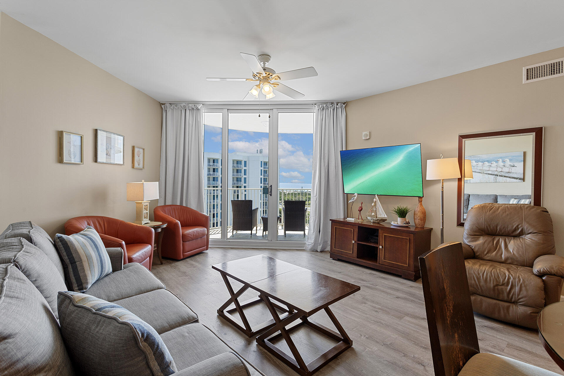 Enjoy beautiful Gulf and pool views from this 10th floor unit!! This unit would make a wonderful Vacation, Primary or Rental location. The unit comes Fully Furnished and ready to use! The living room and Master Bedroom both have Gulf and pool views! The Palms of Destin has an onsite Restaurant and Bar along with  Fitness Center, Pickle ball, Tennis,Playground, Covered Parking. HOA Dues Include Electricity,Water, Cable TV, Internet and Insurance. All measurements are approximate and should be checked by buyer.