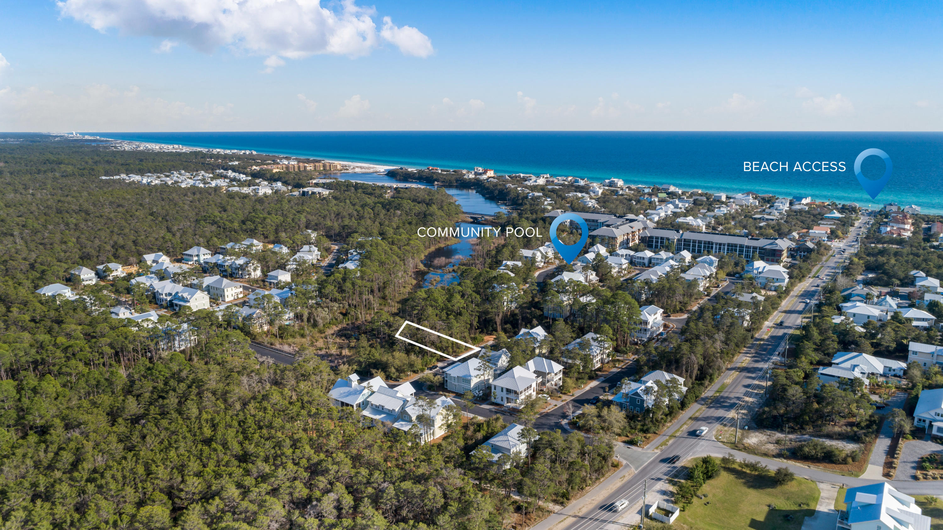 Large lot in super nice neighborhood just a short bike ride or walk to beach access at Blue Mountain public access.  The community includes a pool and pool house.  CLOSE to all that 30A has to offer but less traffic and crowds than other areas..