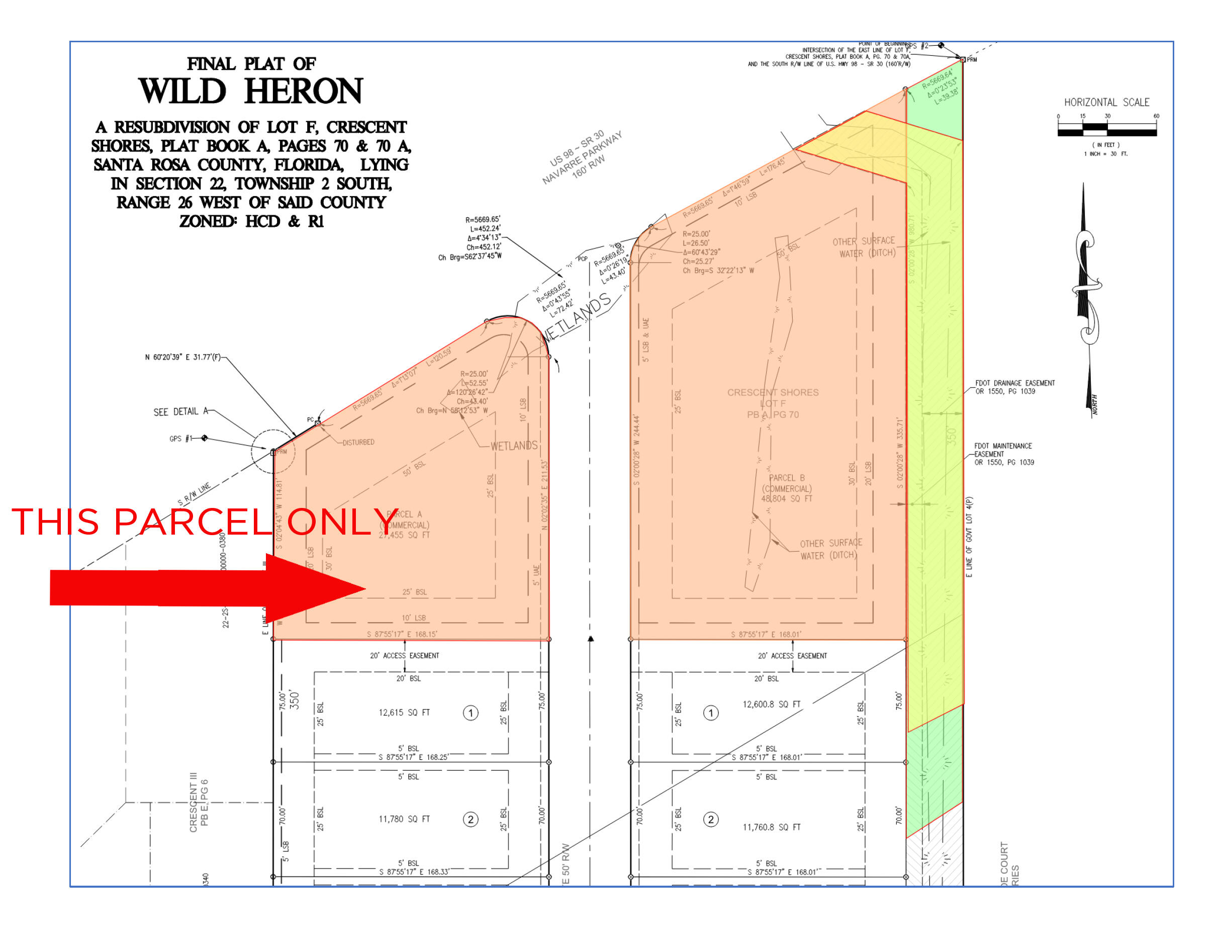 This is one of two vacant commercial land parcels fronting Highway 98 in front of the new Wild Heron subdivision.