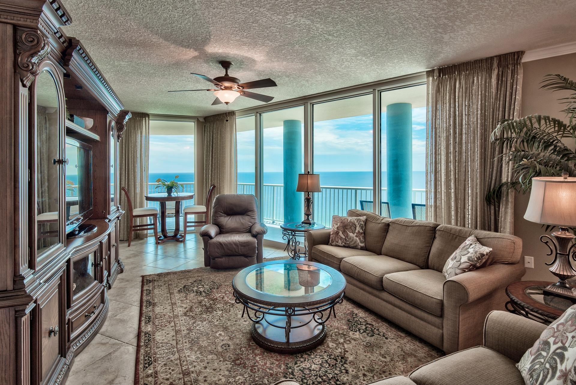 If you are looking for that One-of-a-Kind luxury condo offering features that are unmatched along the Emerald Coast, then this is the perfect oasis for you to escape to. Unit #1408 is a desirable 3-bedroom, 3-bath West end corner unit featuring two balconies and a deeded storage cage, great for bikes and your beach gear! Enjoy incredible panoramic views of the Gulf of Mexico from the large wraparound balcony facing West. The floor to ceiling glass throughout the unit maximizes the views and the glass itself has additional tinting to block UV rays keeping the unit cooler on summer evenings. Screens have also been added to the sliding doors to enjoy the breeze and hear the waves. Western sunset views are stunning from either of your two private Gulf front balconies, totaling 415 feet! It is rare that a guest bedroom has a separate private balcony, so that is a special feature for this floor plan. Interior is very spacious with raised 9 foot ceilings and an open floor plan. Beautiful 20" tile floors extend throughout the living & dining area, kitchen and entry. Crown molding is featured in the living & dining area and master bedroom. The kitchen features a beautiful light granite countertops and breakfast bar with wraparound tile underneath, recessed lighting, wood cabinets, custom tiled backsplash and black appliances. 

The spacious master bedroom has stunning views of the Gulf of Mexico by the surrounding floor to ceiling windows. There is a large walk-in closet and an en-suite master bathroom with double vanity, Whirlpool tub and separate walk-in shower. The guest bedroom also has an en-suite bathroom and separate, private balcony facing West. There is an additional guest bedroom and bath on the east end. This unit sleeps 8+ guests and has a full size washer/dryer closet with storage. This is currently a non-rental and is in great condition. See attached Cost to Own for more details on annual expenses in comparison to potential rental income. 

Palazzo amenities include an elevated Gulf side pool, hot tub along with a boardwalk and designated beach with complimentary beach service (Mar-Oct). The fitness facility and on-site lobby is Gulf front and there is a meeting room available. At Palazzo, you are on the desirable West End of Panama City Beach just 1 mile from Pier Park shopping center and less than 20 minutes from the Panama City Beach International Airport. Unlike the competition, Palazzo is a low-density building consisting of only 129 direct Gulf Front units and has four levels of covered Gulf Front parking under the building - no need for massive parking garages with elevated walkways across the street. Do not miss out on this incredible opportunity to own a West corner unit at one of the finest condominiums in Panama City Beach! Unit #1408 truly is the perfect second home, full-time residence, or vacation rental and will not last long. This is currently an income producing rental with Beach Paradise Florida - make it your paradise today!