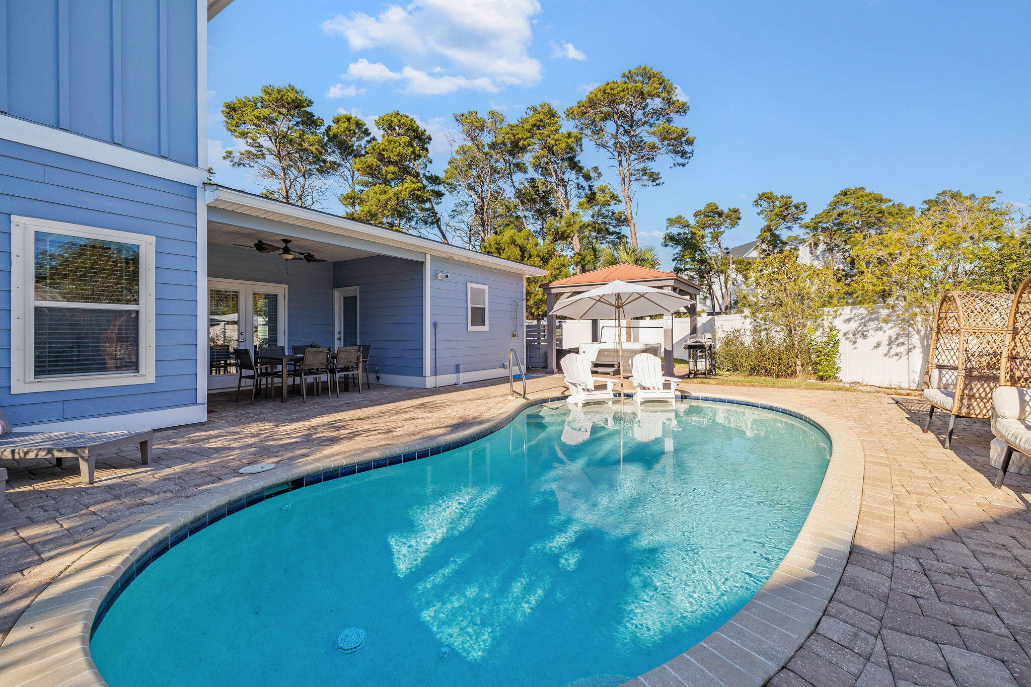 LOCATION: BEACH, SHOPPING, DINING, ENTERTAINMENT, PRIVATE POOL, SHORT TERM RENTAL APPROVED
Adorable beach house with private pool, two primary en-suite bedrooms (one on first floor, one on the second), two laundry rooms (one up, one down) - Closer to the beach than some homes on the south side of 30A! Your guests will enjoy the hot tub gazebo, covered outdoor dining and private pool. Many upgrades have been added to the interior and exterior of this home. Hungry? Choose from Shades 30A, Donut Hole, Ghost Crab Pizza, Big Bad Breakfast or any of the dining, shopping and entertainment options in 30Avenue or Rosemary Beach! Approximately 1,788 feet to Inlet Beach Regional Access. This beach access has seasonal lifeguards, parking, baths and water fountain.