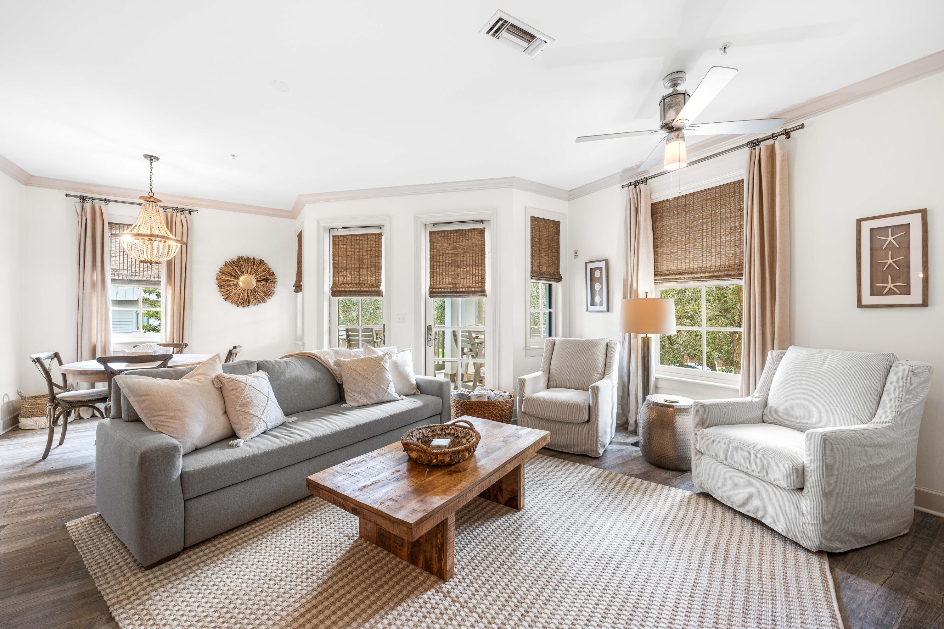 Relax and enjoy the ease of ownership with this beautifully updated condo in Rosemary Beach. Located on North Barrett Square, Unit #2D offers a spacious  corner balcony overlooking East Long Green Park-perfect for peaceful mornings or evening gatherings. With two bedrooms plus a bunk room, there's plenty of space for the entire family. 
Thoughtful updates in 2025 include fresh paint, new furnishings, rugs, and washer/dryer. 
Just steps from the shops and restaurants of Town Center, this sunny retreat combines comfort, convenience and charm. Whether as a primary residence, vacation home, or investment, this condo is an ideal opportunity to experience Rosemary Beach Living. 
Information is deemed to be reliable, but is not guaranteed.