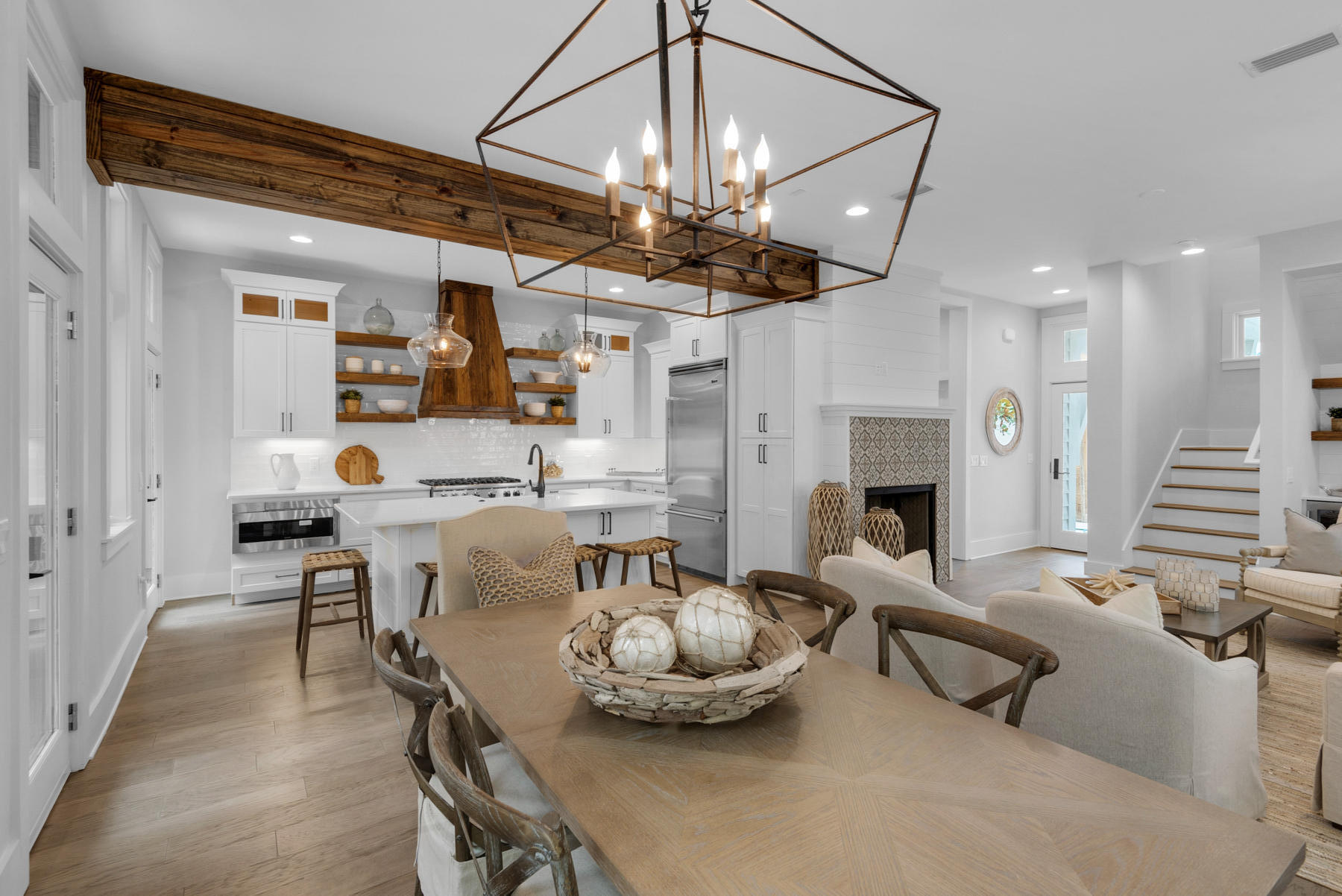 Must see this newly ''remodeled'' home in Rosemary Beach. A second home or luxury investment property offer 3 Master's w/ private baths and balconies. Bunk room sleeps 4. First floor living with open concept, commercial Viking Appliances and huge Island w/ Quartz countertops, farm sink and floating shelves. Fireside family room & dining w/ wet bar, ice maker and beverage center perfect for entertaining. Beautiful Hardwoods throughout the home. The large laundry/mud room & powder room are just off living area. Walk out the back to the outdoor living w/ heated pool, outdoor FP and summer kitchen. The carriage house has 1 BR/ 1 Bunk room & sleeps 4-6. Great luxury rental opportunity