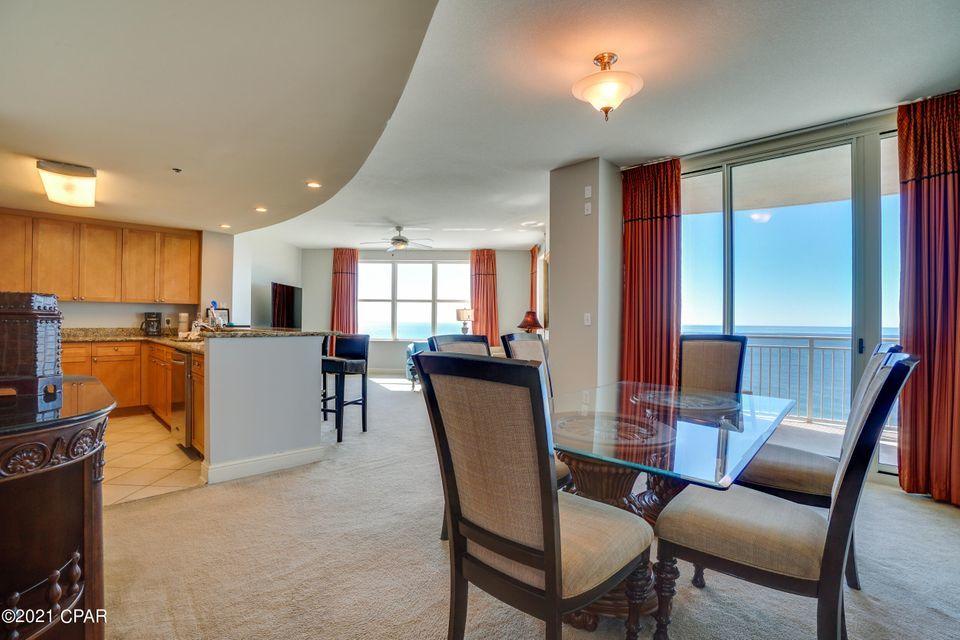 The best of the best in Panama City Beach. This is the largest floorplan in the most desired development on the beach. Tremendous views from the
eastern corner location to be had from inside an outside of this terrific condo. Open and very efficient floorplan lives like a beach house in the sky. Well maintained
with all new interior paint & in great condition. Each of the three bedrooms has their own terrace and private bathroom. Extraordinary 262sq/ft main balcony is
accessed by way of living room, dining room, and master bedroom. All the touches you'd expect in a high end luxury condo including slab granite countertops,
stainless appliances, ceramic tile flooring in kitchen and wet areas, and plush carpet in living room and bedrooms.
