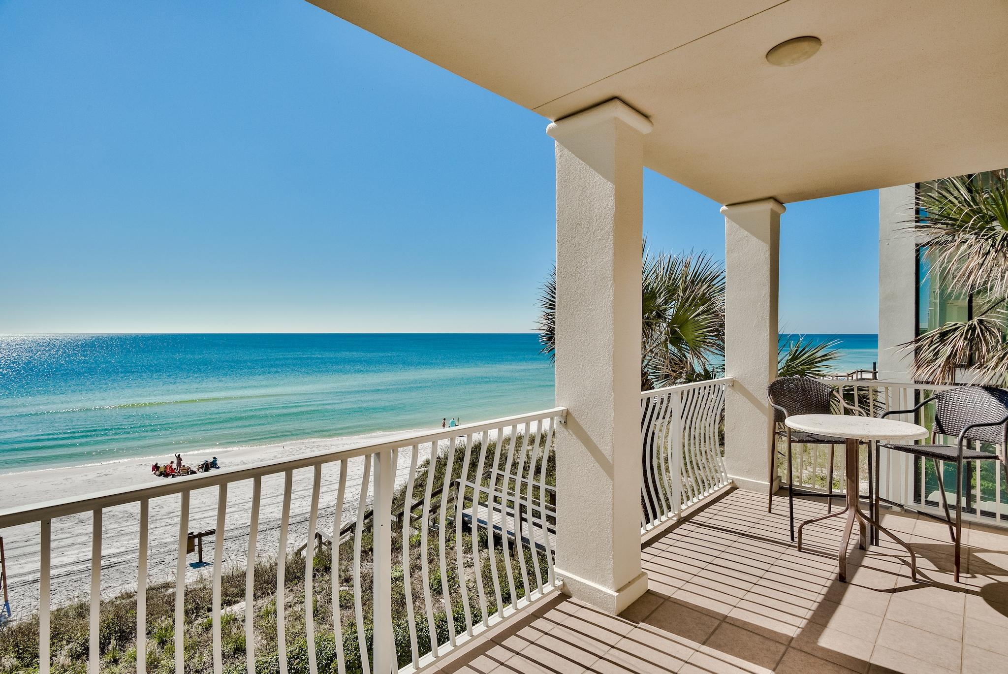 VILLAS AT SANTA ROSA BEACH   Located at the intersection of Scenic Hwy 30A and Hwy 393, this most desirable gulf front location was personally designed by the owners and boasts quality decor, appliances, furnishings, and finishes.  Recently painted and impeccably maintained by the owners, this condo is move-in ready.  The kitchen features quartz countertops, a stunning natural shell backsplash, and white cabinets with seed glass inserts...perfect for a beach home.  The open and spacious floor plan is bathed in an abundance of natural sunlight.  Enjoy gorgeous sunsets from your gulf-front balcony or take the short stroll to the beach or gulf-front pool. This unit is perfect for those family beach getaways or for the savvy investor looking for a wonderful rental income producing property.  The Villas at Santa Rosa Beach is conveniently located across the street from Gulf Place Town center which boasts shopping, restaurants, an amphitheater, and a collection of galleries featuring local artists.  

Call today to schedule your appointment

Buyer to verify all dimensions.