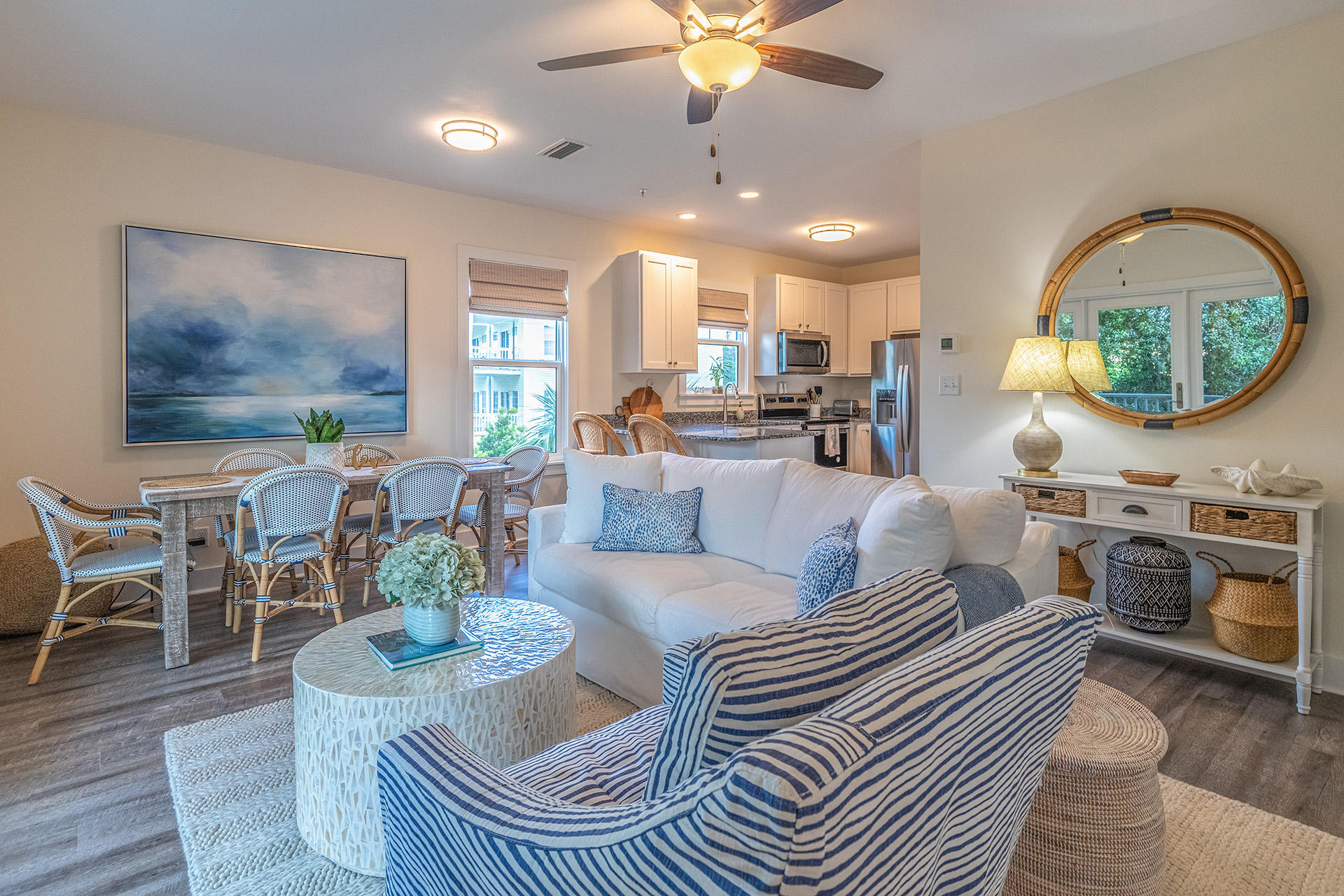 Located conveniently on the west end of 30A, this home is walking distance to some of the best restaurants on 30A, several beach access options, and within a private gated community.  This condo is sold completely furnished with high end finishes from Tommy Bahama, Pottery Barn, and Serina and Lilly and custom blinds throughout.  Built in 2020, this pristine home has only been occupied by one owner and never rented. Investors are welcome to take advantage of the exceptional short or long term rental potential. Property sleeps 10. 
The condo is located directly on 30A, but the landscaping and gated community makes you feel miles away.  Enjoy the community pool and fitness center as a added benefits of this amazing condo.