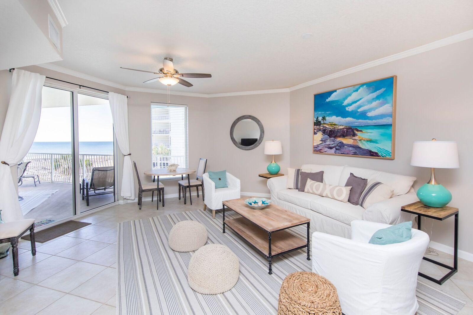 South Side of 30A right on the beach in desirable Dunes of Seagrove! This gulf front fully furnished 2 bedroom, 2 bath plus bunk room and new sofa sleeper offers plenty of space for friends and family. Can sleep 8 comfortably! You'll love the fabulous gulf views from your living room, master bedroom and balcony. The large master suite offers a spacious master bath with whirlpool tub, separate shower, double vanities and closet. It also features a large sitting area and balcony access. The large tile balcony provides for incredible coastline views of the Gulf of Mexico. Condo has one assigned parking space. Dunes of Seagrove has onsite check-ins and on site management. Amenities include 2 pools, work out facility, sauna and tennis courts. Location is perfect for easy biking, walking, shopping and dining. Buyer to verifiy all data and dimensions.