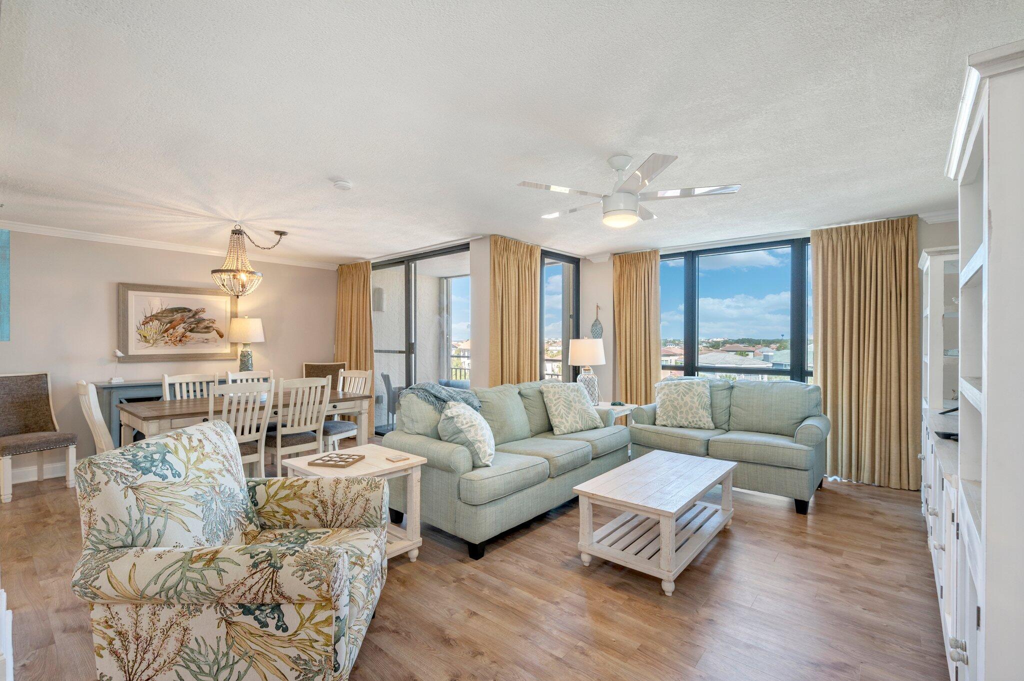 This wonderful 2 bedroom and 2 bathroom condominium is located on Scenic Highway 98. An ideal floor plan provides a relaxed flow throughout the residence, while large windows and doors provide an abundance of natural light. A spacious main living area opens to a generous dining area, and a well-appointed kitchen. The roomy master suite features an ensuite bathroom, and spectacular gulf views.  An additional bedroom and bathroom round out the interior.  Residents of this condominium community enjoy access to an array of amenities, including an inviting pool area, fitness center, tennis courts, deeded beach access, and much more.