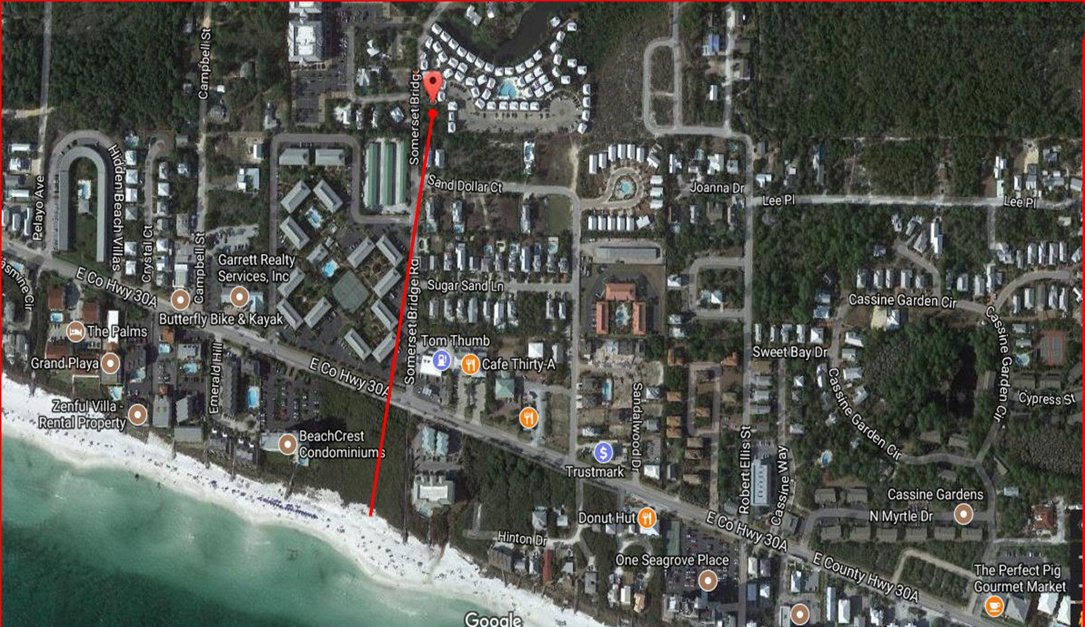 Very large level lot  approx. 100x100 - build your vacation home/rental. No Homeowner fees. Beach access is only a short distance away, in fact you can see it at the bottom of Somerset Bridge Road  approx. 943 ft away. Central location, walk to the shops and restaurants in Seagrove.