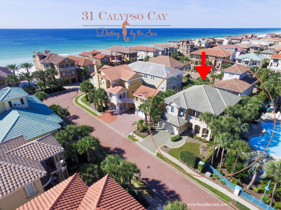 This home, affectionately named, ''Calypso,'' is your gateway to paradise in Destin's most prestigious gated neighborhood, Destiny by the Sea! The custom home features 4 bedrooms, a Bunk Room, large open living spaces, tons of natural light and is just a stroll to your own PRIVATE beach. Boasting over 3,500 square feet of indoor living space, the home also includes covered porches and balconies...perfect for enjoying a beach breeze. This investment property was built for entertaining! ''Calypso'' features many extras: the kitchen is fully equipped with custom cabinetry, stainless steel appliances,granite counters and a beautiful dining room to accommodate your family and friends. The neighborhood pool is conveniently located adjacent to the property and deeded beach access is included. 1st Floor: 
3 Bedrooms plus laundry room
1) King master suite - private bathroom with jacuzzi tub and separate shower (2)
2) Queen bedroom with private bath (2) 
3) Queen bedroom with private bath (2)

2nd Floor:
Living Room
Dining room
Beautiful large open kitchen
spacious covered porch facing the beautiful Destiny By the Sea pool. 
4. Bunk room with 4 full size beds (4)
4. King bedroom with bathroom. 

Sleeps 12

This home overlook the pool and is 30 yards to the beach.