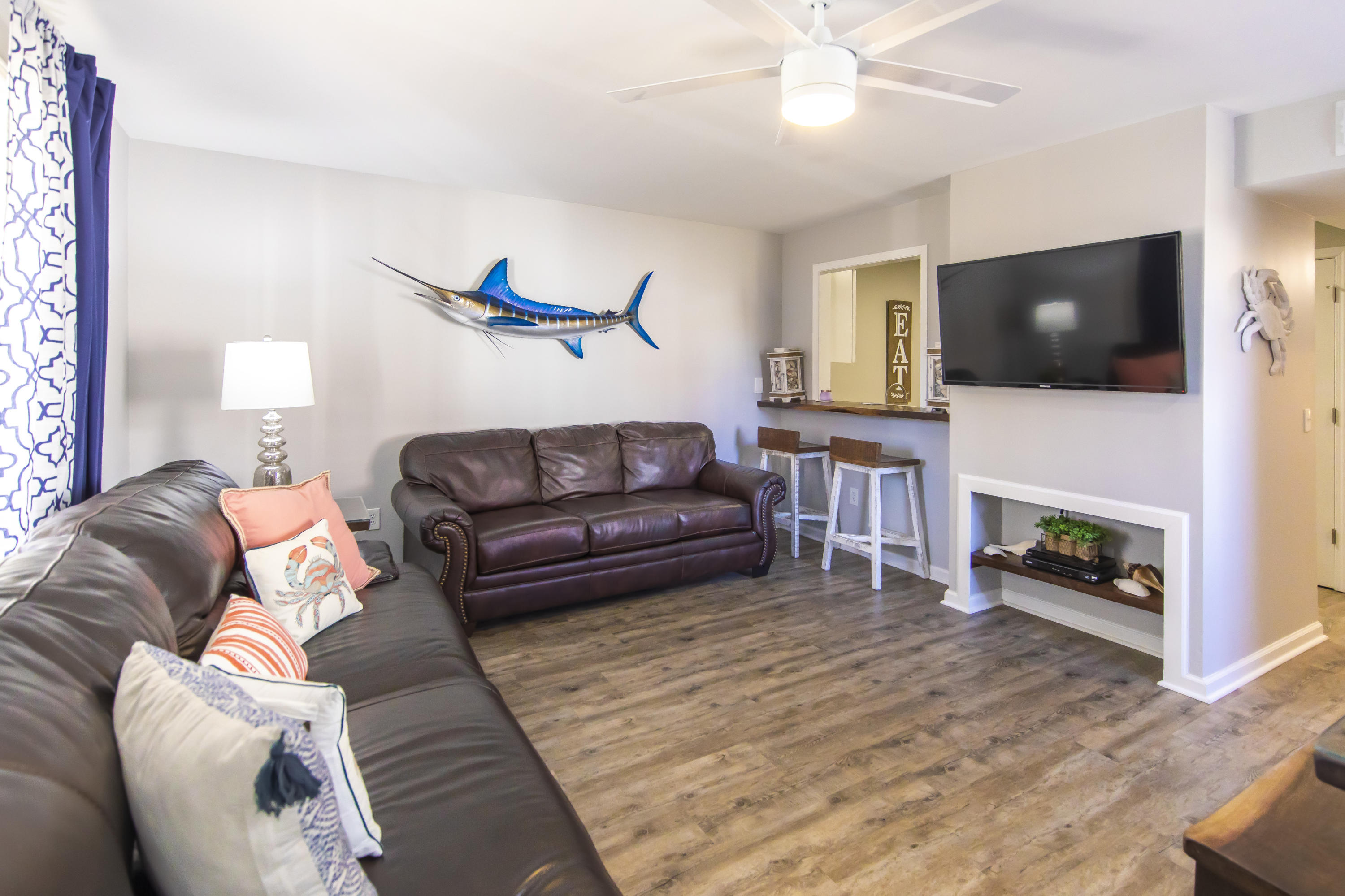 Horizon South 78A is a beautiful and fully furnished 1 bedroom 1.5 bath condo w/bunks on the ground floor and has been completely renovated and tastefully decorated. Updated with stainless-steel appliances in the kitchen, luxury vinyl plank floors throughout condo, recently painted walls, ceiling, and trim, and new roof installed 2019. Unit located in middle of the community, walking distance to pool and to the beach access dedicated to Horizon South. This gated community is golf cart friendly, has several pools, tennis courts, recreation room w/pool tables, shuffleboard, basketball court, and exercise room.  This condo is turnkey ready for a vacation rental investment or to enjoy as a relaxing second home in a great beach resort community.