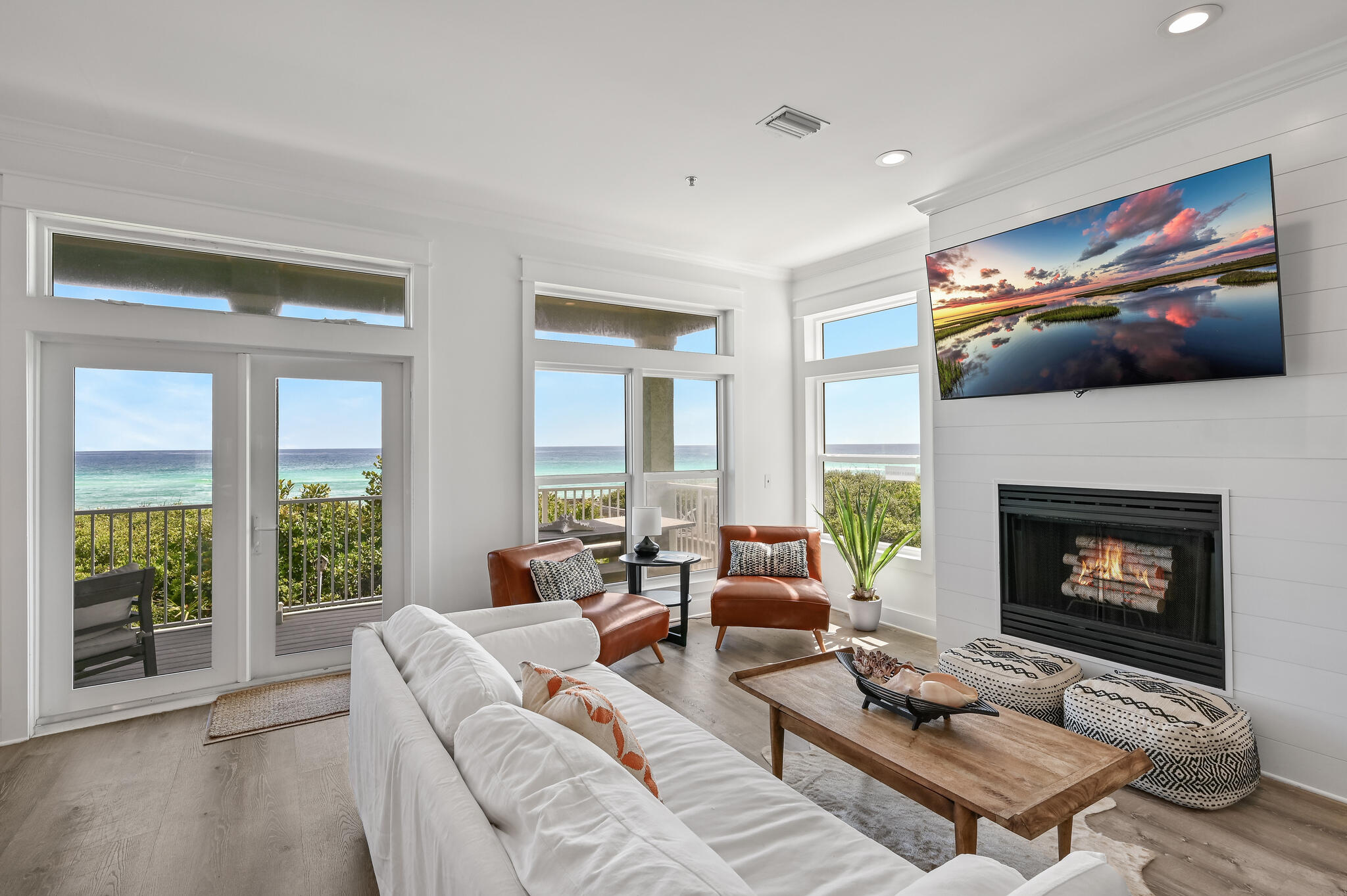 Gulf front contemporary in the exclusive Dana Beach area of Seagrove. This lovely home is perched on a high dune with breathtaking gulf views and offers a spectacular central location on 30A. One of only three units in the building, this property lives like a home with the convenience of a condo. This low density complex is tucked away, but perfectly located close to all the best of Seagrove Beach. Balancing warmth, sophistication and comfort it's the ultimate family retreat. The home was renovated in 2019 by Designer Tanya Fitzgerald to invoke a unique Malibu beach vibe and offers an open floor plan with four spacious bedrooms. The master suite is flooded with natural light, a luxurious ensuite bathroom, a large walk in closet, and gorgeous gulf front views with balcony access. Both north side bedrooms offer their own individual private balconies for quiet afternoon reading. An additional centrally located bunk room keeps the kiddos close by so you can keep an eye on them! 
With a open flow, a modern well appointed kitchen, gulf views throughout, a elevator to the interior entry hall, a interior climate controlled storage room with a owners refrigerator and a wine cooler, a 200'x200' exterior storage room, a pool, plenty of parking, and your own private deeded beach, it's the perfect 30A retreat.
Information is deemed reliable but is not guaranteed. Buyer should verify all information of importance.
