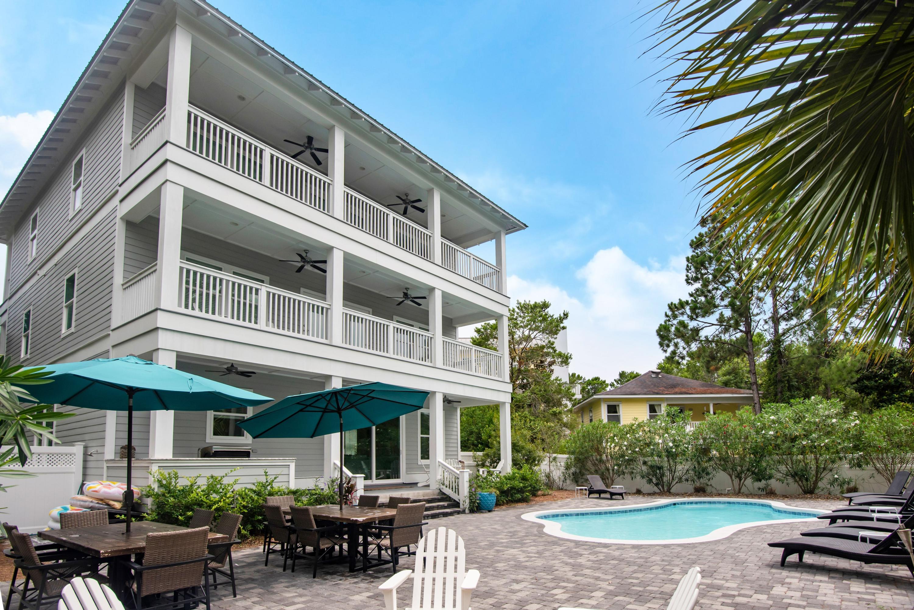 This property is an investor's dream with total 2019 bookings of $265,000 and $120,000 already on the books for 2020! Two blocks from the Gulf and Seaside this home with elevator is perfect for multi-generational groups. Each of the 7 large king masters have en-suite bathrooms and the 2 large bunks also have en-suite baths and large lounge areas for TV, fun and games for the kids.The pool, decking, fenced yard and outdoor dining are all large enough to accommodate the 28 guests this house sleeps. Large double sectionals in the living room, double dining tables and multiple lounge areas scattered throughout the home allow for privacy as well as group gatherings.Large porches invite guests to relax amid the shade trees of Old Seagrove.