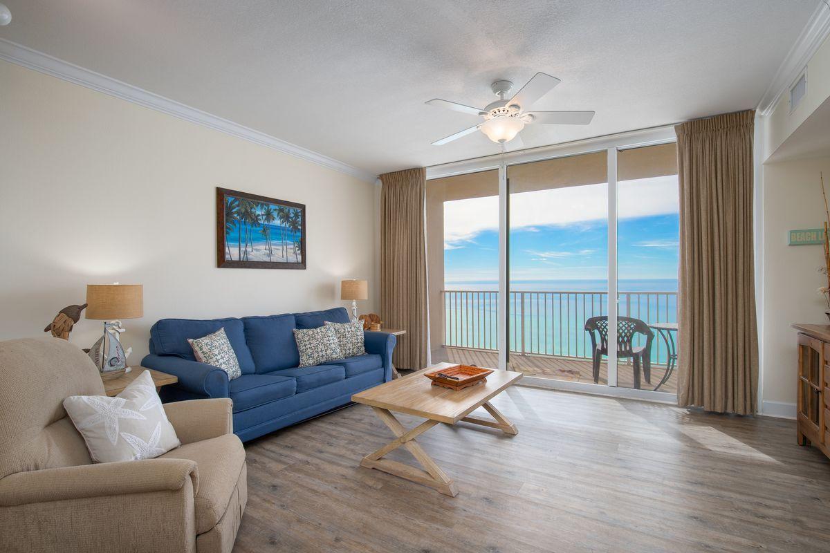 Watch the waves through floor to ceiling windows from nearly anywhere in this coveted 8th floor ''L'' plan unit. Enjoy beach breezes from a balcony that extends across the living room and master bedroom. This One-Bedroom condo with enclosed bunkroom offers sleeping for 6 and the convenience of 2 full en-suite bathrooms and laundry. The kitchen is clean and stylish showcasing stainless appliances and granite counters. Unit #815 is selling Completely Furnished and is your Top Choice for maximizing rental income while offering the ideal vacation experience for your guests OR for your extended stays. Tidewater Beach Resort was built in 2007 with amenities that include...two large swimming pools and hot tubs on each end of the resort and indoor heated pool, gulf front fitness room complete with Roman spas, onsite movie theater, restaurant, and tiki bar, and even a convenience store and gift shop. Walk to Pier Park and its colorful Island-style architecture with over 140 stores and restaurants. Enjoy festivals, concerts, and holiday celebrations, along with the Grand 16 theatre features IMAX, 3D as well as RealD 3D. Take a stroll on the Russell-Fields pier, one of the longest concrete piers in the Gulf of Mexico.  Extending 1500 ft into the water you can experience world class fishing where anglers reel in Cobia, Red Fish, Pompano, Mackerel, Whiting, and Flounder. For those flying into Panama City's International airport (ECP) Tidewater is about a 15 min drive.