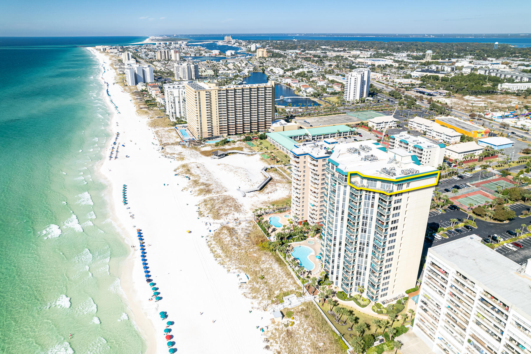Spectacular East-End, Beachfront Penthouse in Jade East NOW Offered For Sale!  This beautifully renovated and furnished, turn-key residence offers the most remarkable view corridors across the Gulf of Mexico and East and West along the sugary-white sand coastline indicative of the Emerald Coast of Florida.  The sunsets are stunning!
The exclusiveness of this penthouse is exhibited through its private orientation, large windows and doors, as well as skylights, all of which naturally illuminate its expansive floorplan, and an enormous balcony to relax and enjoy the fabulous evening ambiance enhanced by the sound of the ocean waves beneath you.  Measuring approximately 3,000 conditioned square feet, the (4)-bedroom suites, (3)-full baths, and (1)-powder room will accommodate your family... and guests.  Perched (18)-floors above the fabulous beach, you feel as though you are in a hidden enclave enjoying the best of all beachfront living that Destin, Florida could possibly offer.  Immediately outside of your front entry on the way to the elevators is access to a large closet where you can keep your beach and pool accoutrement.  This rare opportunity also reserves ownership two assigned car parking spaces of the utmost convenience.  Showings are by advanced appointment only and the listing agent(s) must accompany all showings.  Please inquire for further details.