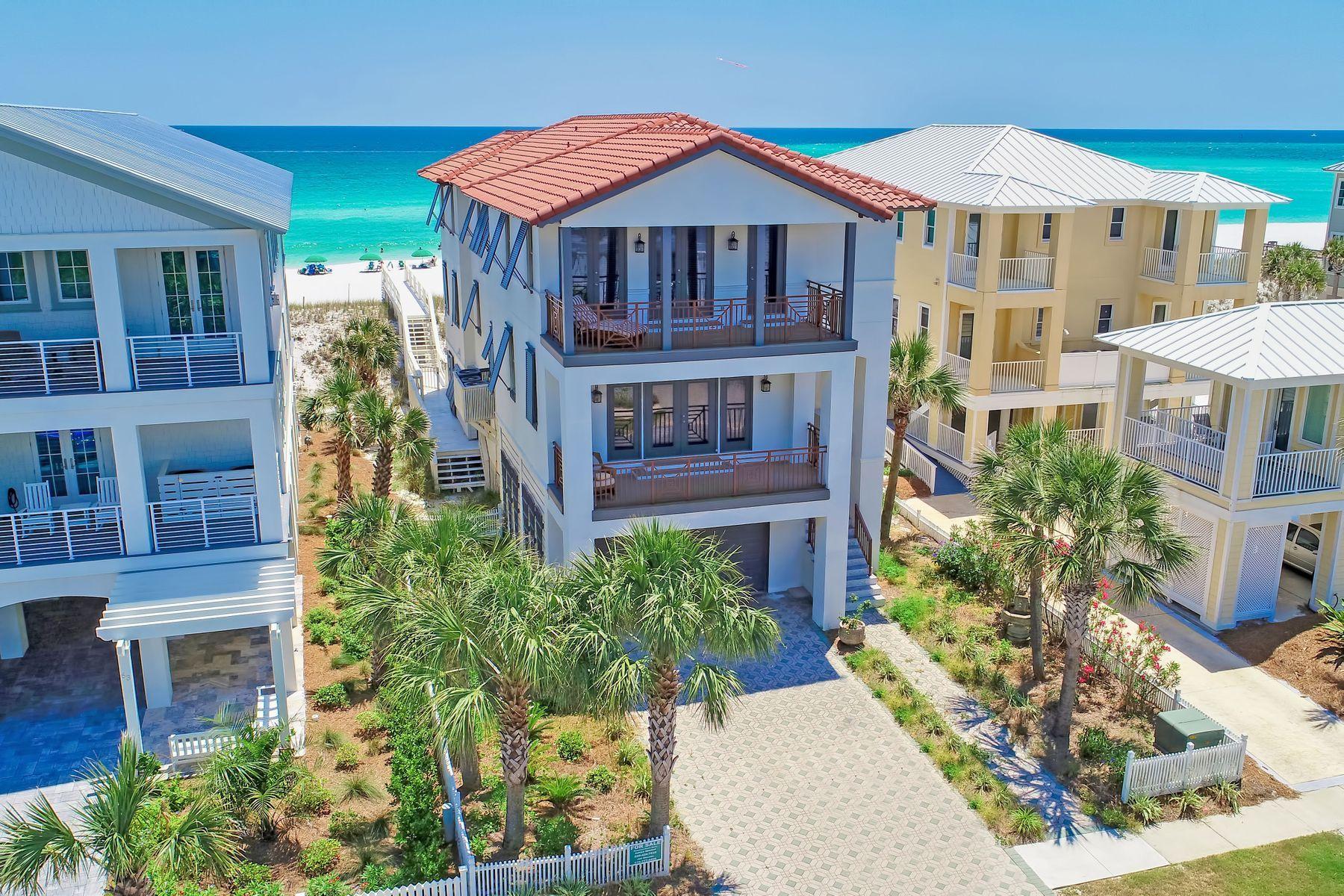 Experience unparalleled panoramic vistas of the Gulf, Beach, East Pass and the famed ''Jetties'' from this exemplary gulf front legacy retreat primely situated within the highly esteemed gated community of Destin Pointe. This extraordinary residence offers a multitude of premium amenities including a private beach walkover, multiple levels of covered decks focused solely at the ever-present gulf views. Notable features include a soaring three story vertical footprint with a private elevator for ease of access to each floor. The inverted living plan offers an elevated open living room that is perfectly framed by floor to ceiling glass overlooking the pristine white sand beaches as well as directly adjacent to the spacious chef's kitchen which is fully equipped and optimized for entertaining. The master level is located on the third floor and strategically placed to enjoy uninterrupted panoramic views and offers a beautiful spa-like ensuite bathroom complete with dual vanities and elegant stone accents. The architectural facade evokes coastal contemporary with a soft color palette accentuating the juxtaposing emerald green waters of the Gulf of Mexico. This property is still under the original owner and has never been rented out but offers an ideal layout catered to second home living or optimizing short term rental return. Destin Pointe is one of the premier gated communities on the West end of Destin known for ease of access, privacy and the direct access to both 3,000' of beach front as well as Destin's East Pass. The neighborhood also features multiple community pools as well as tennis courts, shuffleboard, ample green space and other recreational facilities all of which are located within close proximity to world class shopping, dining, boating/fishing and local entertainment.