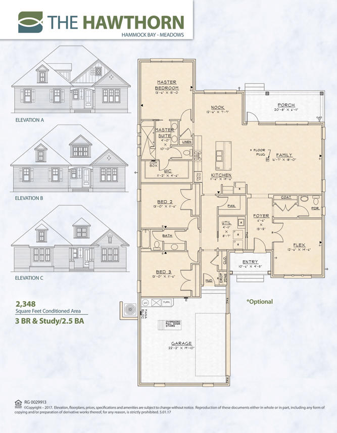 Pre-sold home in Hammock Bay. The Hawthorn plan has 2,348 square feet, three bedroom, plus a flex room with french doors and 2 1/2 baths. Brick exterior, low E-vinyl windows, oversize covered rear porch and a 2 car garage. Interior finishings include, 9' ceilings, granite counter tops, laminate, tile and carpeted floor coverings, crown molding, cased windows and openings. Natural gas range and Rannai tank water heater. Stainless Frigidaire appliances, WoodHarbor cabinets, tiled shower and tub deck. Additional upgrades include upper and lower cabinets with sink in laundry room, fireplace floor plug in living room and ceiling fan on back porch. Hammock Bay is a 3,200 acre master planned development which offers a clubhouse, movie theater, pools, workout facility, nature trails and a pet park