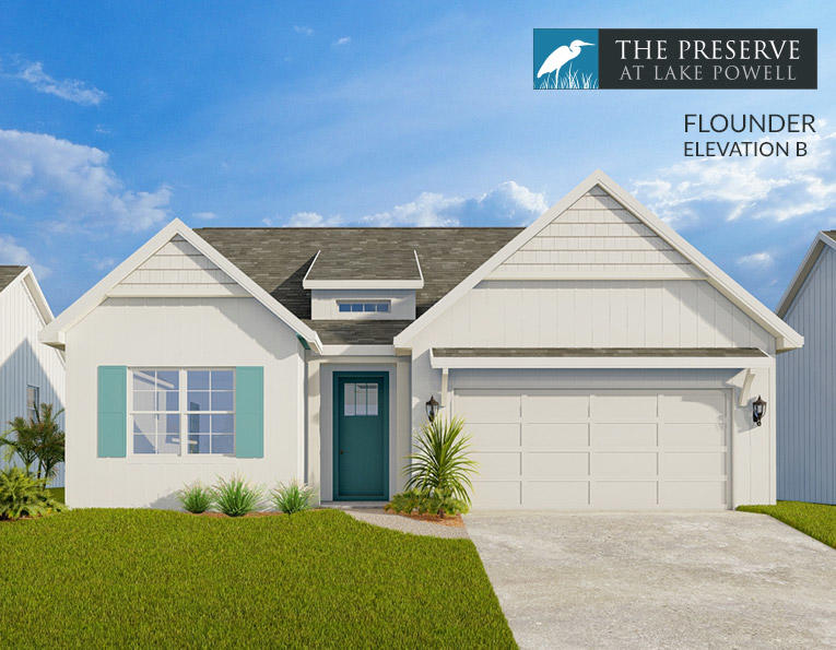 Enjoy the Inlet Beach lifestyle for a fraction of the price! The Preserve at Lake Powell is a coastal community located on the west end of Panama City Beach. We have 40 new lot/home packages to choose from and 4 floor plans. This premier development is only a short drive to the largest public beach access in Walton County, the public boat launch at Lake Powell Park, 30 Avenue for shopping & entertainment, Camp Helen State Park, and Rosemary or Alys Beach. Coastal style homes featuring quality materials, bold features, and versatile design are the centerpiece of this serene residential retreat. The Flounder floor plan features 3 bedrooms, 2 baths, 1,653 sq ft, 2-car garage, and an open patio (or the option for a covered porch). Standard features include scratch resistant laminate hardwood flooring, cabinets with soft close doors & drawers, granite countertops (can upgrade to Quartz), and more. Upon entry you are welcomed into the foyer which leads directly to the kitchen and open living & dining areas. Several windows bring in lots of natural light giving the space a great ambiance.

The kitchen features a large center island with breakfast bar, stainless steel appliances, cabinets with soft close doors & drawers, granite countertops & backsplash, and a separate pantry. There is an option to upgrade to the gourmet kitchen.

The spacious master suite features a walk-in closet and a luxurious en-suite master bath with double vanities, walk-in tile shower, and a separate water closet. The split bedroom floor plan places the two additional bedrooms at the front of the home giving the master extra privacy. Additional bedrooms are generous in size and share a bathroom.

This is your opportunity to own a brand new coastal home located in the heart of what makes the Emerald Coast famous. The Preserve at Lake Powell is ideally located with quick and easy access to outdoor activities such as biking, hiking, kayaking, paddle boarding, boating, and fun beach days. There are currently homes under construction and several available lots. Choose your lot and the features/options of your Flounder floor plan today! Full packages are available upon request. We look forward to helping you find an amazing property with a million dollar lifestyle at a fraction of the price!

**Pricing is subject to change based on additional upgrades being added during the construction process.**