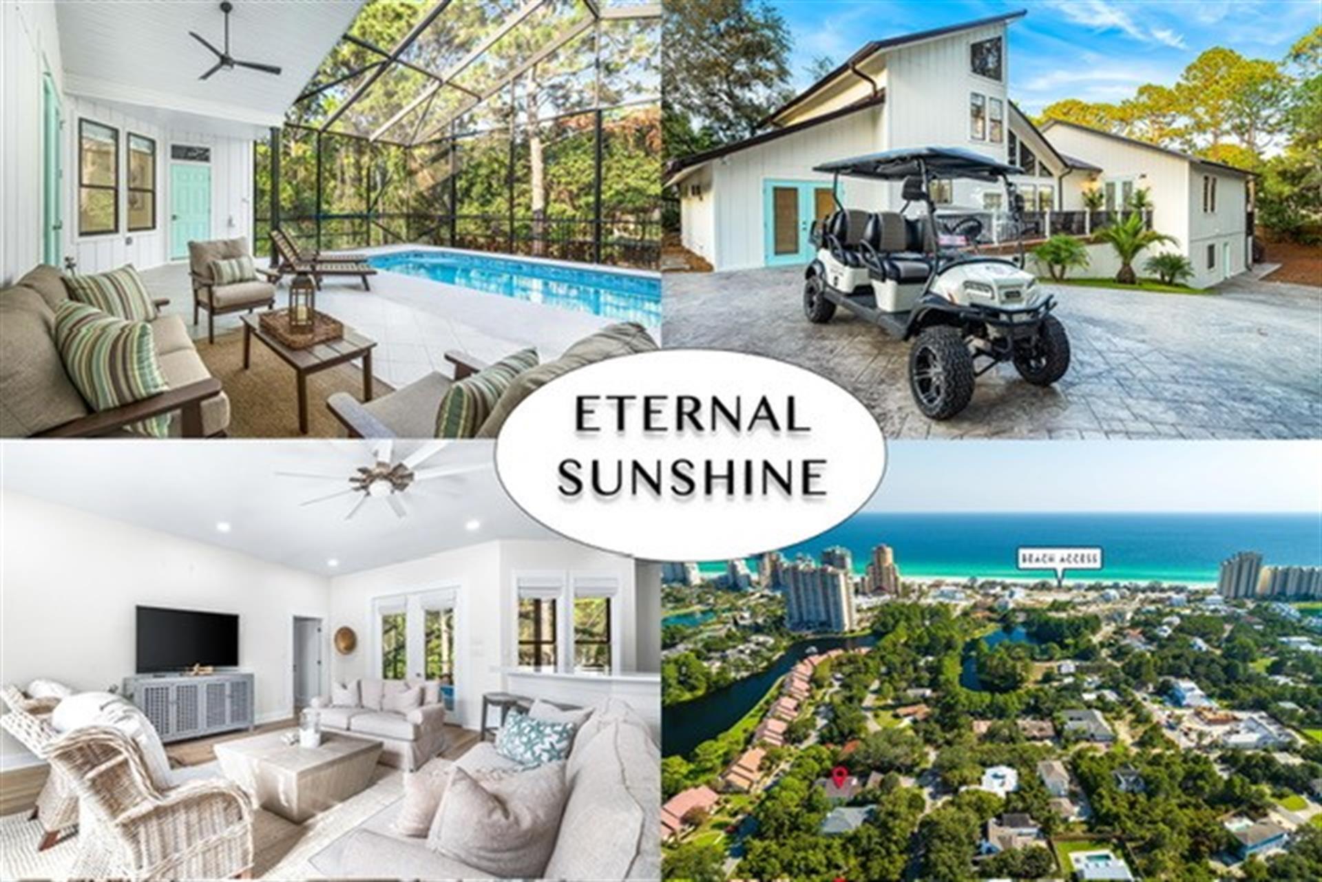 Beach Life just got a little brighter at Eternal Sunshine-over 4700 square feet of beautifully renovated contemporary coastal retreat. With 1400 feet of gorgeous white sand and turquoise water on the private neighborhood beach just a short walk or golf cart ride away, and HOA fees of only $700 per year, this contemporary haven is the perfect beach getaway. The home is built on a gently sloping, deep lot over 1/3 of an acre in size, and was completely renovated in 2023, featuring a main house with 5 bedrooms and private pool as well as an attached carriage house with 1 king bedrooms and oversized bunk bedroom. With 114k in rental revenue for 2025 and 144k projected in 2026, Eternal Sunshine is sure to brighten the day for investors and guests (continued) The primary floor sits at the height of an oak canopy, bathing the windows in a sea of natural light, while also providing a privacy screening for the elevated private pool and deck giving the feeling of swimming in the treetops. Light coastal interior colors in shades of blue and green paired with driftwood color tiled floors create a soothing environment. Twin dining tables seat 16 comfortably with 4 seats at the adjacent breakfast bar, so the entire family can enjoy mealtime or family game night together. The main living area also features a powder room and large bar area overlooking the screened pool with a full sized refrigerator and icemaker, making entertaining poolside a breeze. Two oversized primary bedrooms on the first floor in the main house are complimented by a third bedroom on the main level, all featuring ensuite bathrooms with walk-in showers and generous closets. Upstairs in the main house, two large bedrooms including a king bedroom with ensuite bath and walk-in shower as well as the turtle bunkroom with ensuite bathroom open to a catwalk hallway overlooking the dining area. A laundry room with two full sized washers and two full sized dryers off of the kitchen make washing those beach towels so easy. Multiple owner closets throughout the home, including a huge lock out storage area could be used as golf cart storage, an additional bunkroom, or a game room. The side deck provides a relaxing fire pit area. 
In the attached carriage house below the main house, a cavernous king bedroom with ensuite bath awaits. Nearby, the oversized SURF bunkroom features two queen over queen bunks, a loveseat, a table for playing cards and even a classic arcade game. Just outside the bunkroom door is a generous coffee bar complete with sink and refrigerator so no need to run into the main house for that cup of morning joe. A secondary laundry room with full sized washer and dryer just outside the stairs to the outdoor shower and pool add convenience. There is even a backyard space just beyond the parking area. Eternal Sunshine is tucked away in Miramar Beach between Sandestin and the Silver Sands Factory Stores in Gulf Pines neighborhood, a hidden gem with over 1400 feet of private beach including plenty of parking, two lakes for freshwater fishing, low annual fees of only $700 per year, and even an occasional deer sighting. Come check out Eternal Sunshine where beach life just got a little brighter!