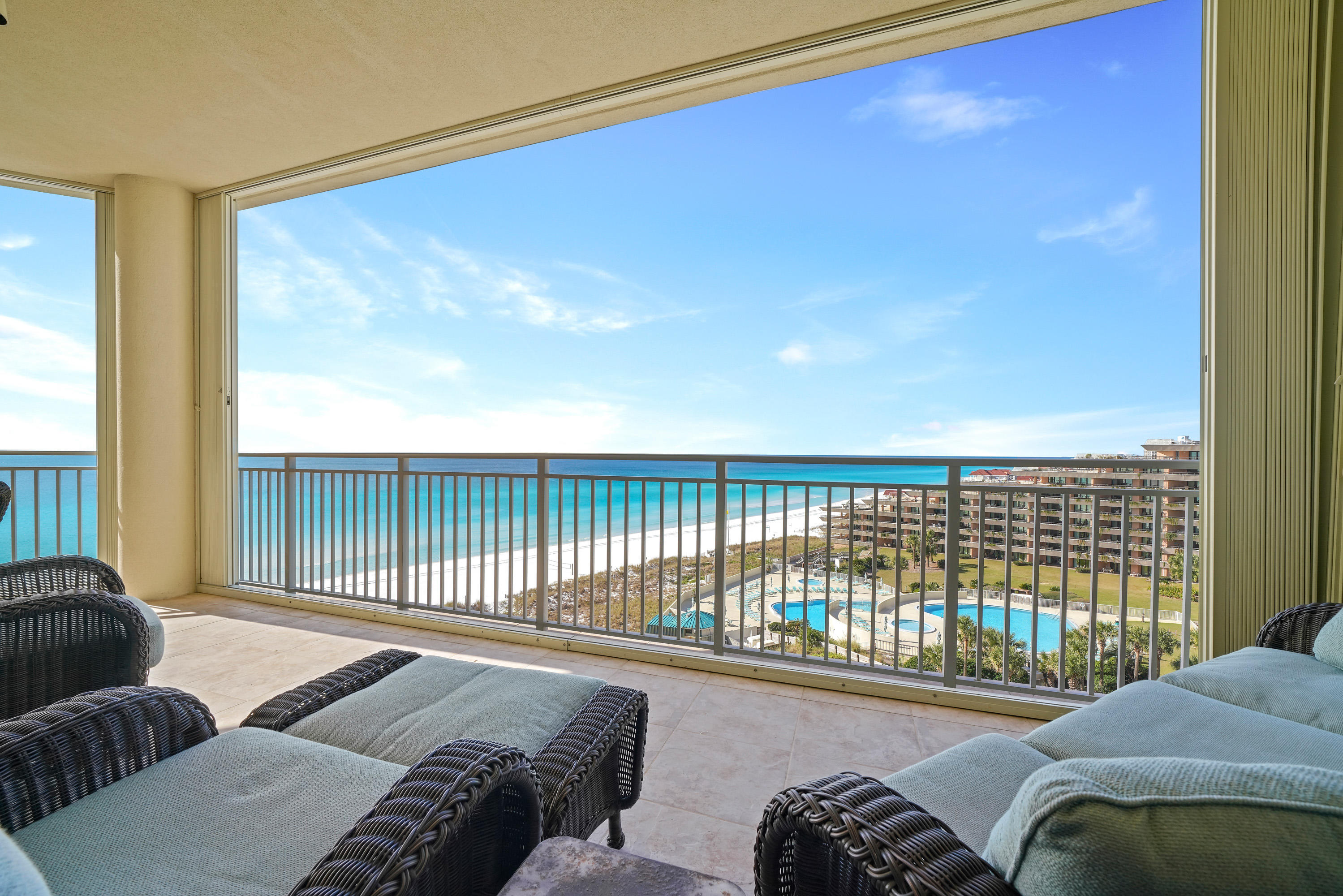 This Villa in Grand Dunes is located perfectly on the 6th floor of Grand Dunes' south tower, giving it gorgeous views of the emerald green waters and sugar white sands of South Walton.
This Villa is being offered un-furnished, so you will have a blank slate to add your own special touches to this incredible Gulf front unit. Features of this unit include: travertine flooring throughout the entire unit, granite countertops and vanities, soft-close drawers in kitchen and baths, ''premium'' stainless steel appliance package w/ 5 burner natural gas cooktop, 9.5 ceilings, ''super quiet'' interior Pre-wired for latest security and audio/visual for home entertainment, 8' solid wood interior doors and oversized glass w/ beautiful views of the Gulf. Master Bedroom offers: Walk-in closet, office, floor to ceiling glass and a sitting area. Master bath offers: travertine flooring and surround, separate dual head shower, jetted tubs, dual granite vanities and a separate water closet. All of these incredible features of this Villa are protected by Hurricane Shutters! Grand Dunes offers; 24 hour security, private and gated entry, 2 levels of gated underground parking for owners, lush landscaping, high speed / semi-private elevators, private foyers, 11' deep balconies with a built-in natural gas grill, private heated pool, "Owner's Lounge", Fitness Room, Conference Room, Overflow Suites for owners and guests, 200' of private beach, private beach service exclusive to Grand Dunes, Tennis Court and a beautiful Gulf front pool area that is shared by both buildings.

Grand Dunes is the "Emerald Coast's Most Desired Rental Restricted Beachfront Development"

Call us today to set up your private viewing of this beautiful Villa today!