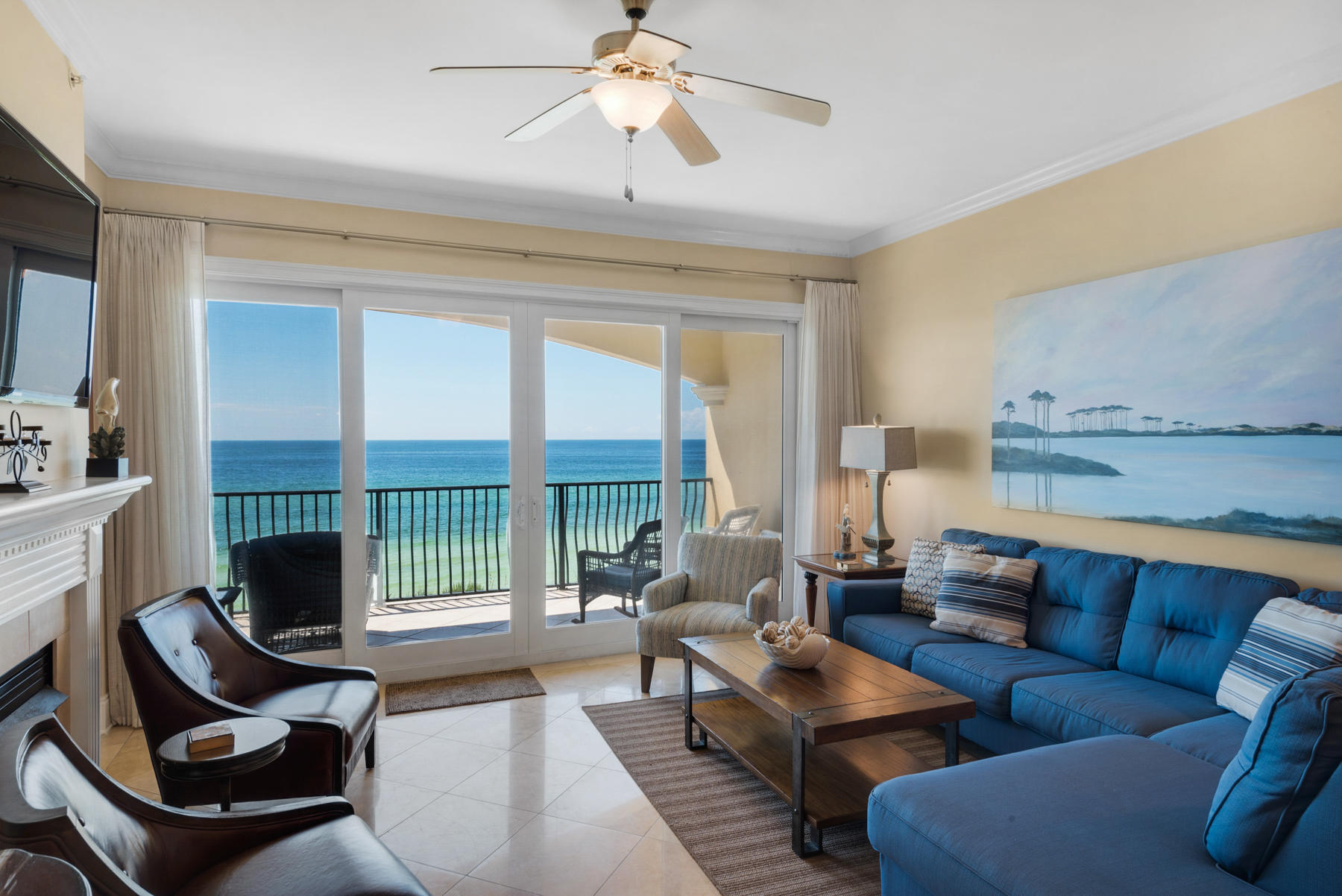 Updated, Gulf-front condominium at Adagio offers one-of-a-kind views of the Gulf of Mexico over a lush, green lawn and elevated sand dunes. Interior appointments at this light-filled unit are truly luxurious and include 10-foot ceilings accented by crown molding, a gourmet kitchen equipped with Viking stainless steel appliances, custom hardwood cabinets, 3cm granite counters and a tumbled marble backsplash, as well as diagonally-laid travertine stone tile floors and a large in-unit storage room. The master bath features a double vanity, oversized whirlpool tub and double-head shower with built-in seat and tumbled marble stone tile. Adagio is an exclusive, gated condo community which occupies the highest elevation in Blue Mountain Beach. Eleven rolling acres along nearly 600 feet of Gulf-front were carefully designed to take advantage of the area's natural beauty. Owners and their guests enjoy a wide range of amenities that include two pools, one of which is a Gulf-front infinity-edge and the other an 8,000 square-foot three-tiered lagoon pool with fountain, a large hot tub, fitness and meeting rooms, large storage cages and covered parking.